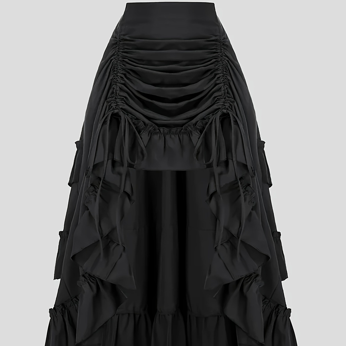 

Drawstring Front Ruched Ruffle Trim Skirt, Elegant High Waist High Low Hem Asymmetric Skirt, Women's Clothing