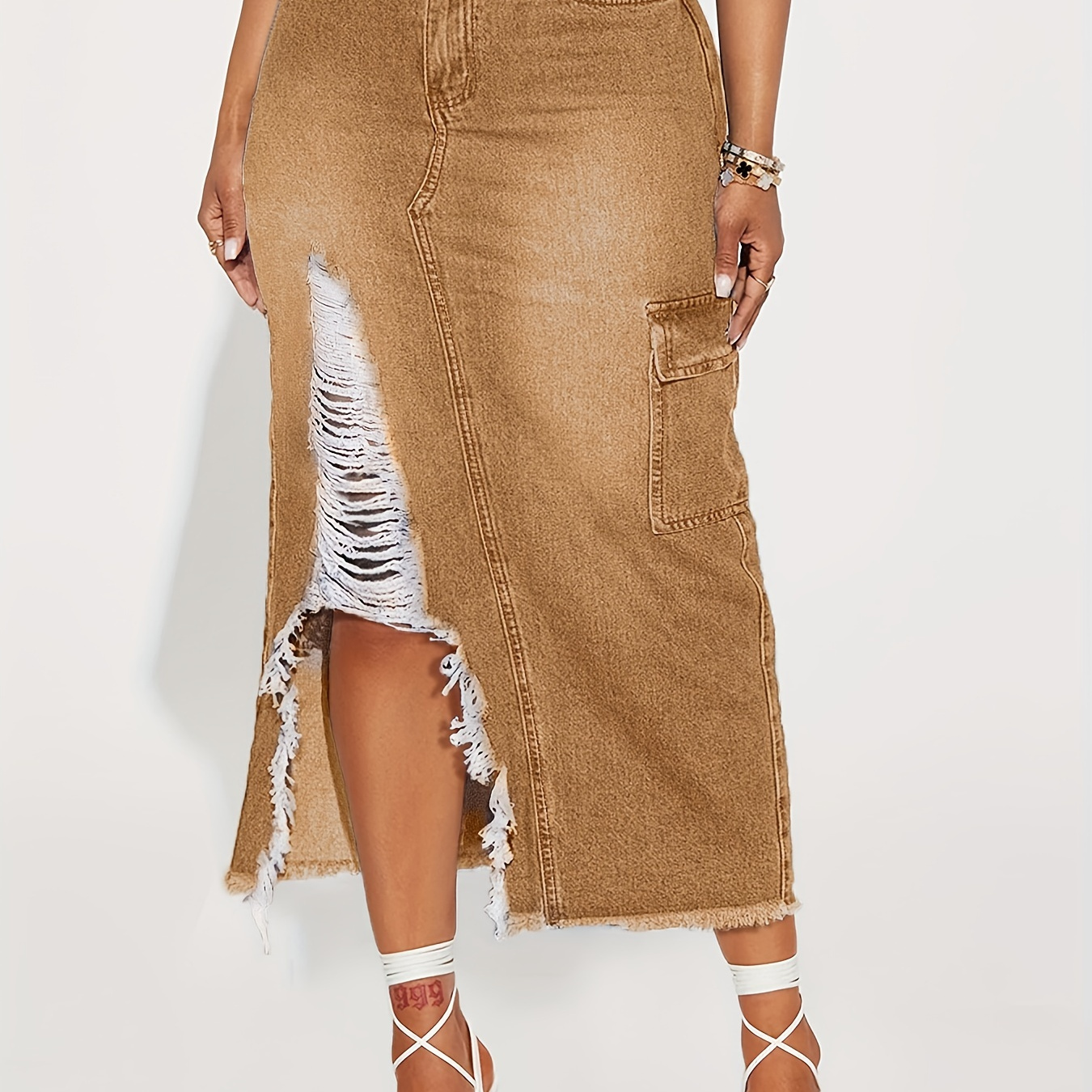 

Light Brown Asymmetrical Denim Midi Skirt, Ripped Holes Flap Pockets Cargo Denim Skirt, Women's Denim Clothing