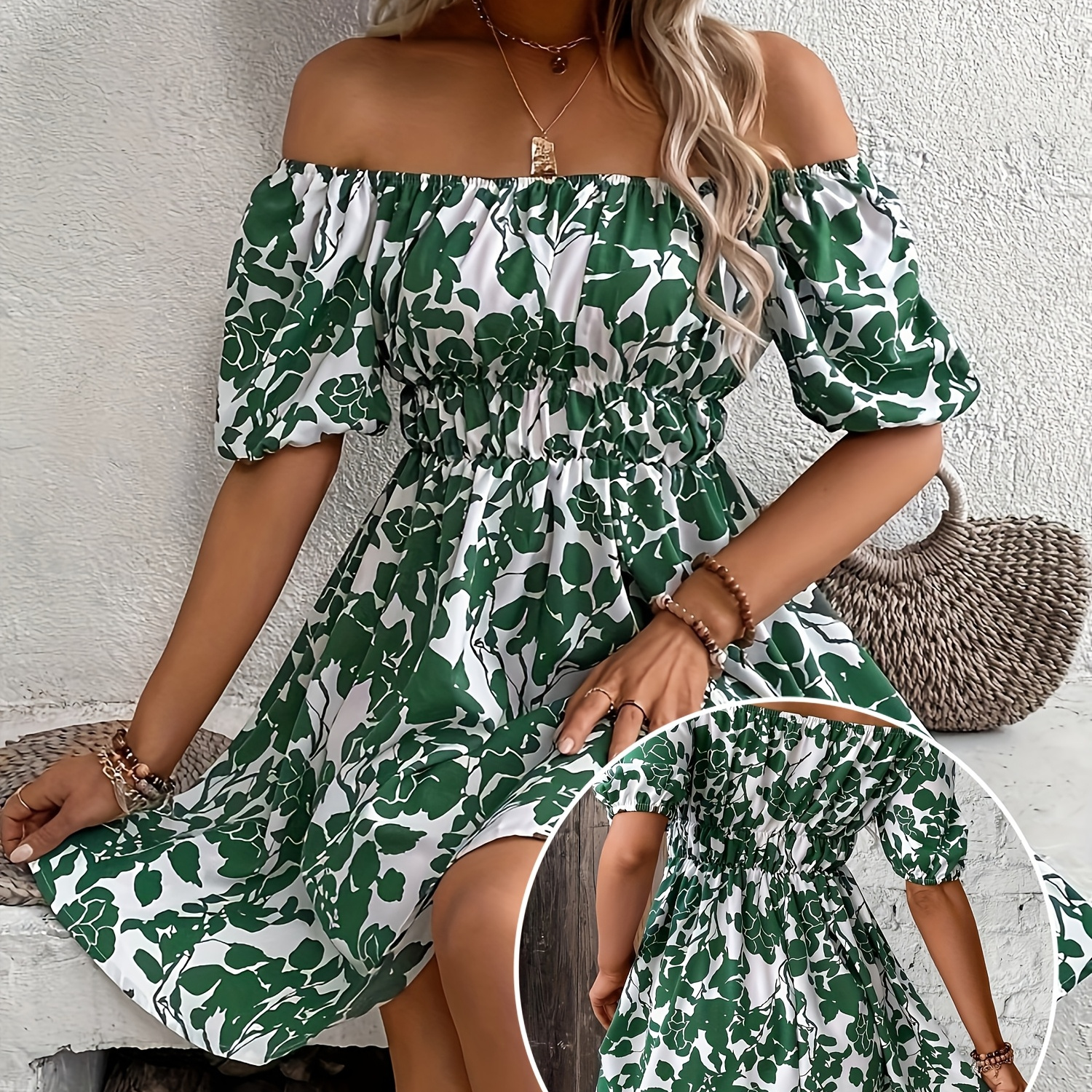 

Leaves Print Off Shoulder Aline Dress, Short Sleeve Swing Dress For , Women's Clothing