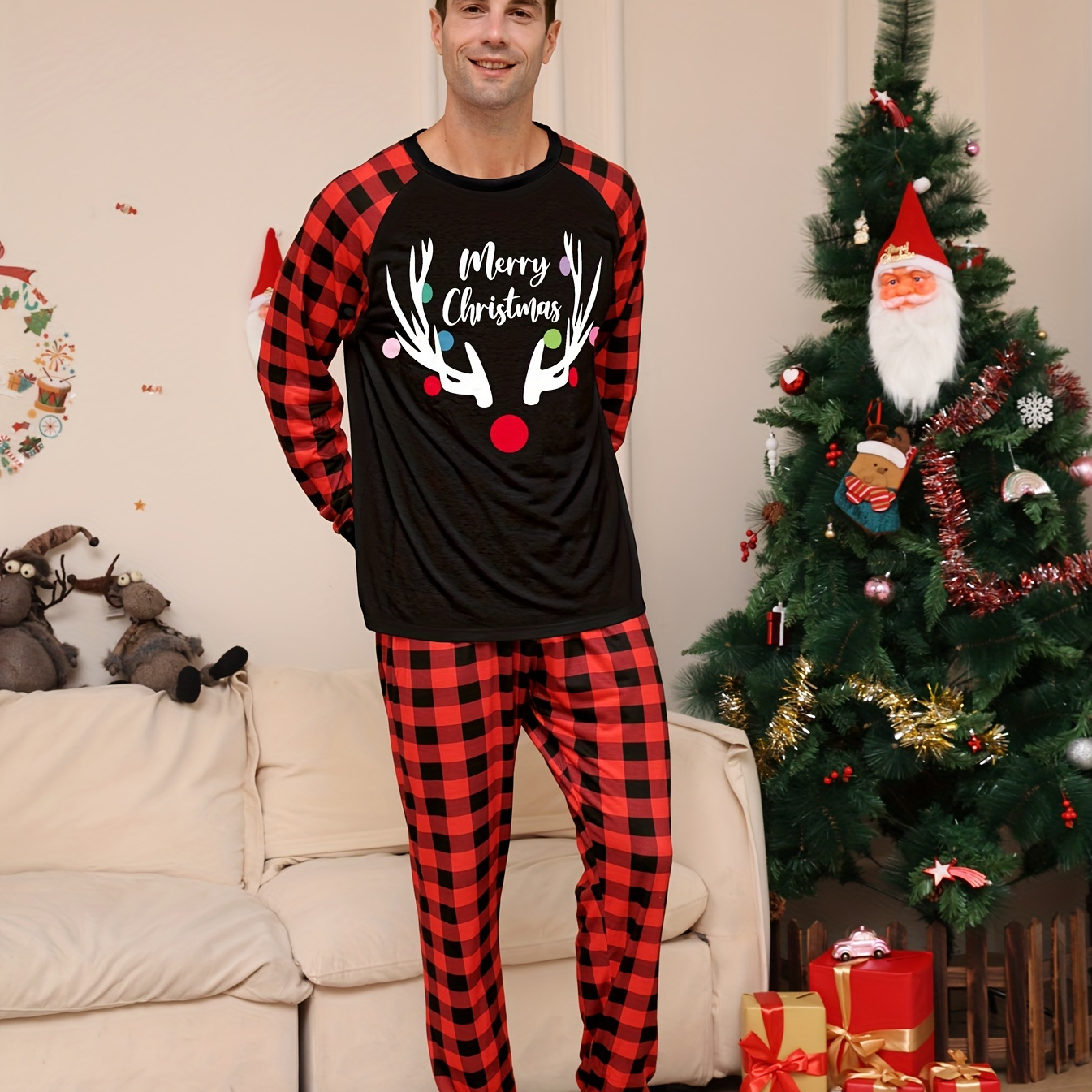 

Men's Trendy Casual Pajamas Sets, Splicing Antlers Print Long Sleeve Crew Neck Top & Loose Trendy Plaid Loose Stretchy Elastic Waist Pants Lounge Wear