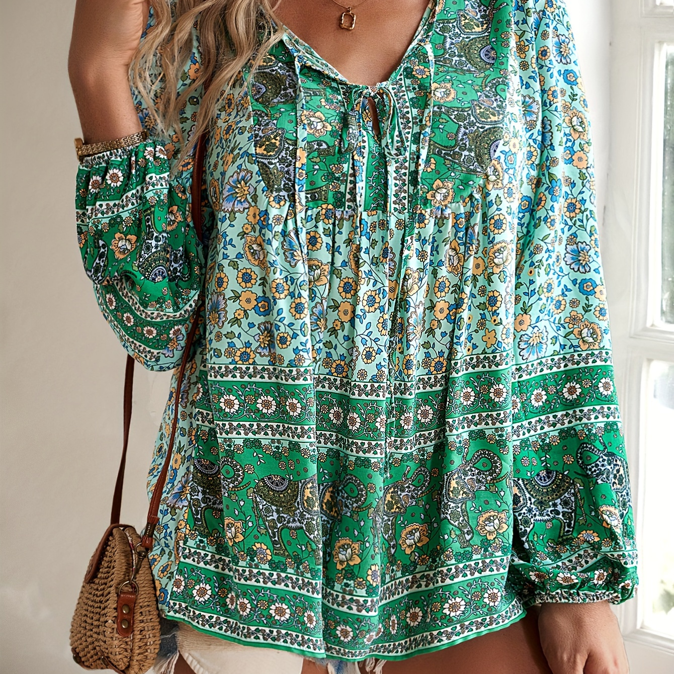 

Plus Size Floral Print Tie Neck Blouse, Vacation Style Long Sleeve Blouse For Spring & Fall, Women's Plus Size Clothing