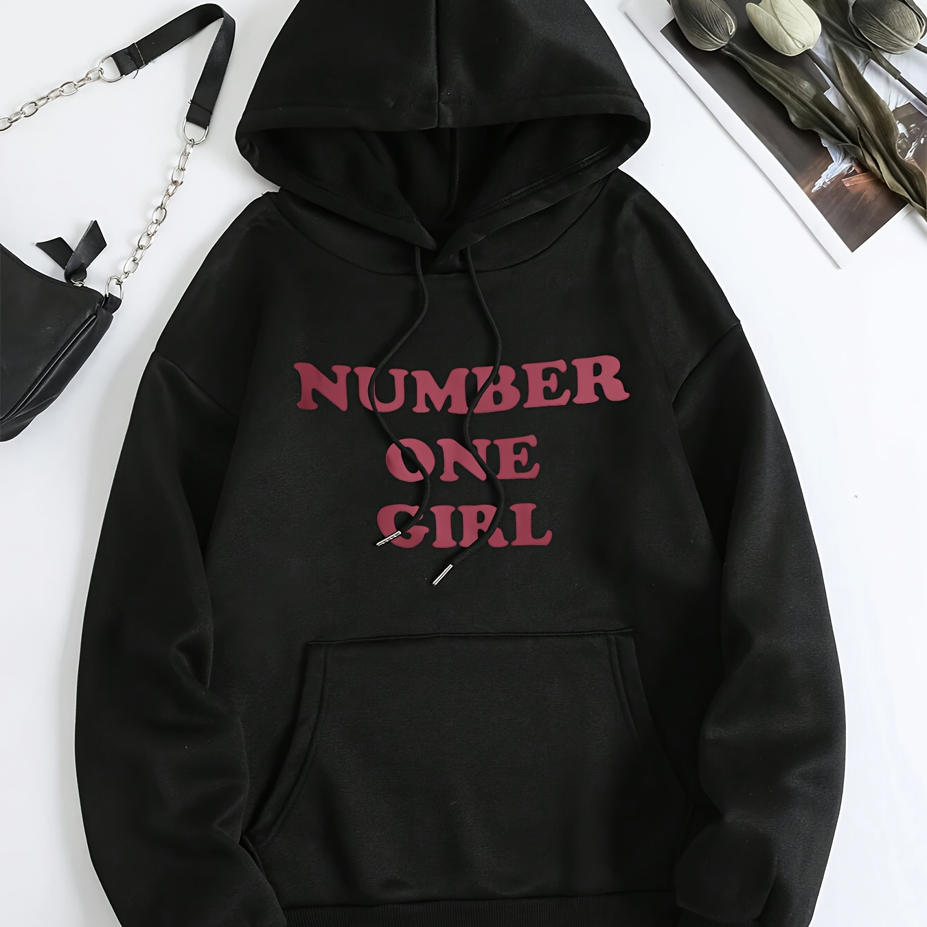 

Women's Casual Hoodie With " Girl" Print, Polyester 100% Knit Fabric, Spring/fall Season, Alphabet Pattern, Drawstring Hood, Pockets, 220g/m² - Comfortable Women's Clothing