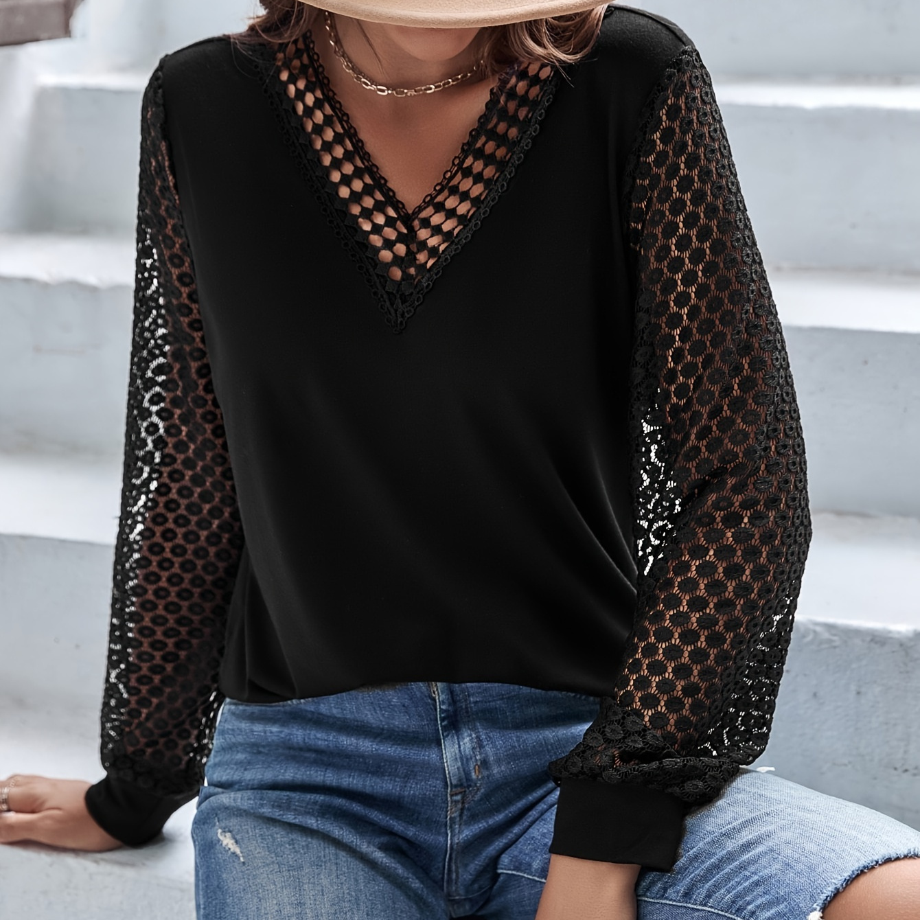 

Solid Color V Neck Knitting T-shirt, Elegant Contrast Lace Cut Out Long Sleeve T-shirt For Spring & Fall, Women's Clothing