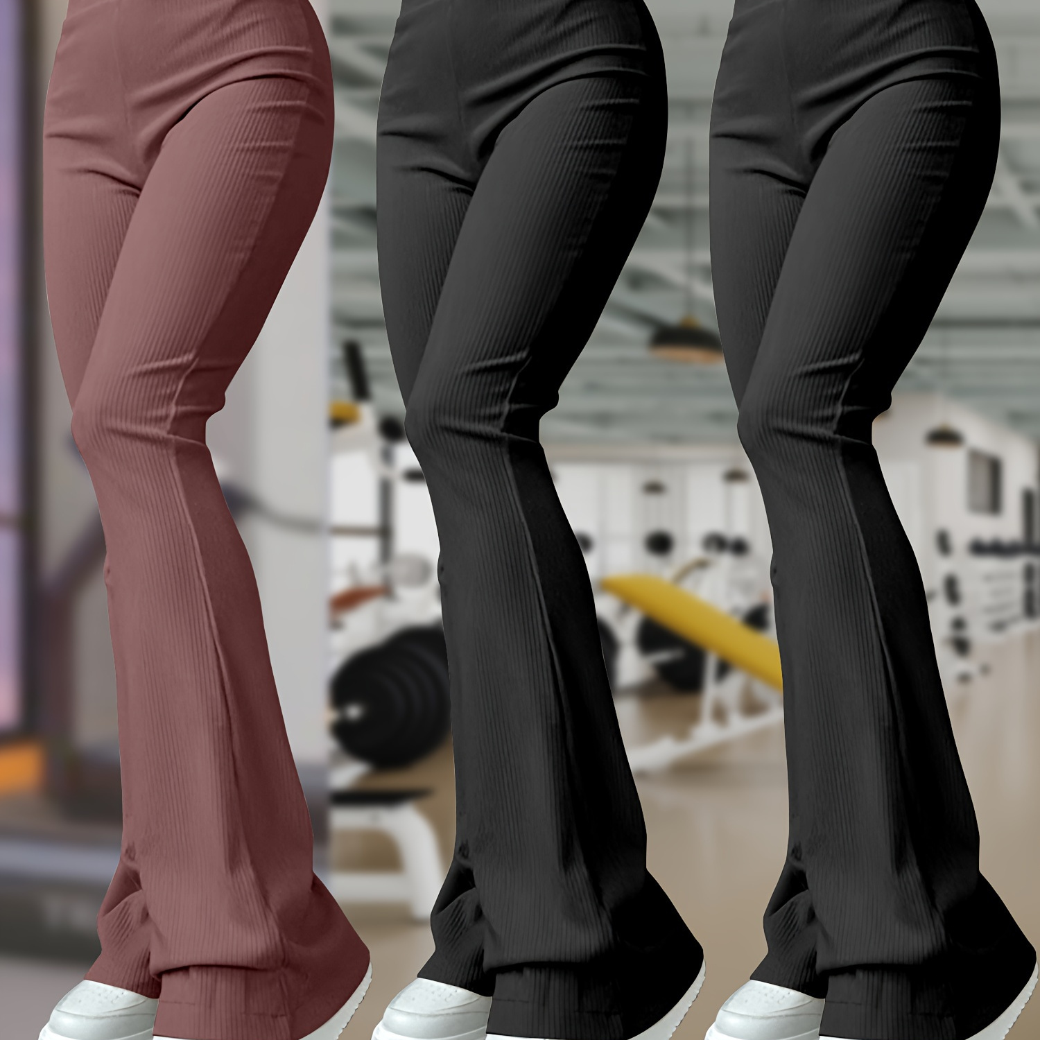 

3 Pack New High Waist Pants, Casual Solid Ribbed Flare Leg Pants, Women's Clothing