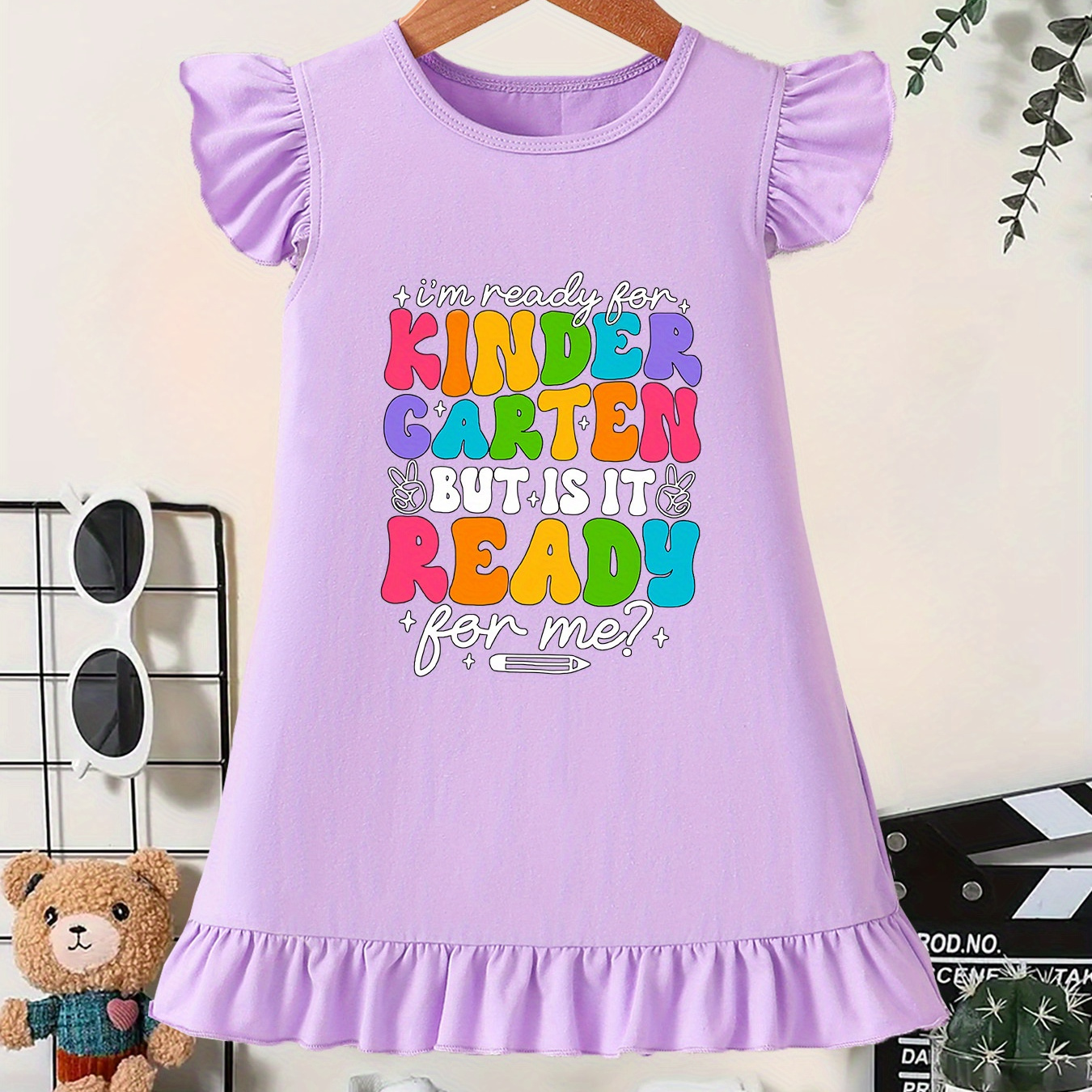

Girls' Summer Casual Cotton Dress, Comfortable Loose-fit Princess Gown With "i'm Ready For Kindergarten" Print, Ruffle Sleeve