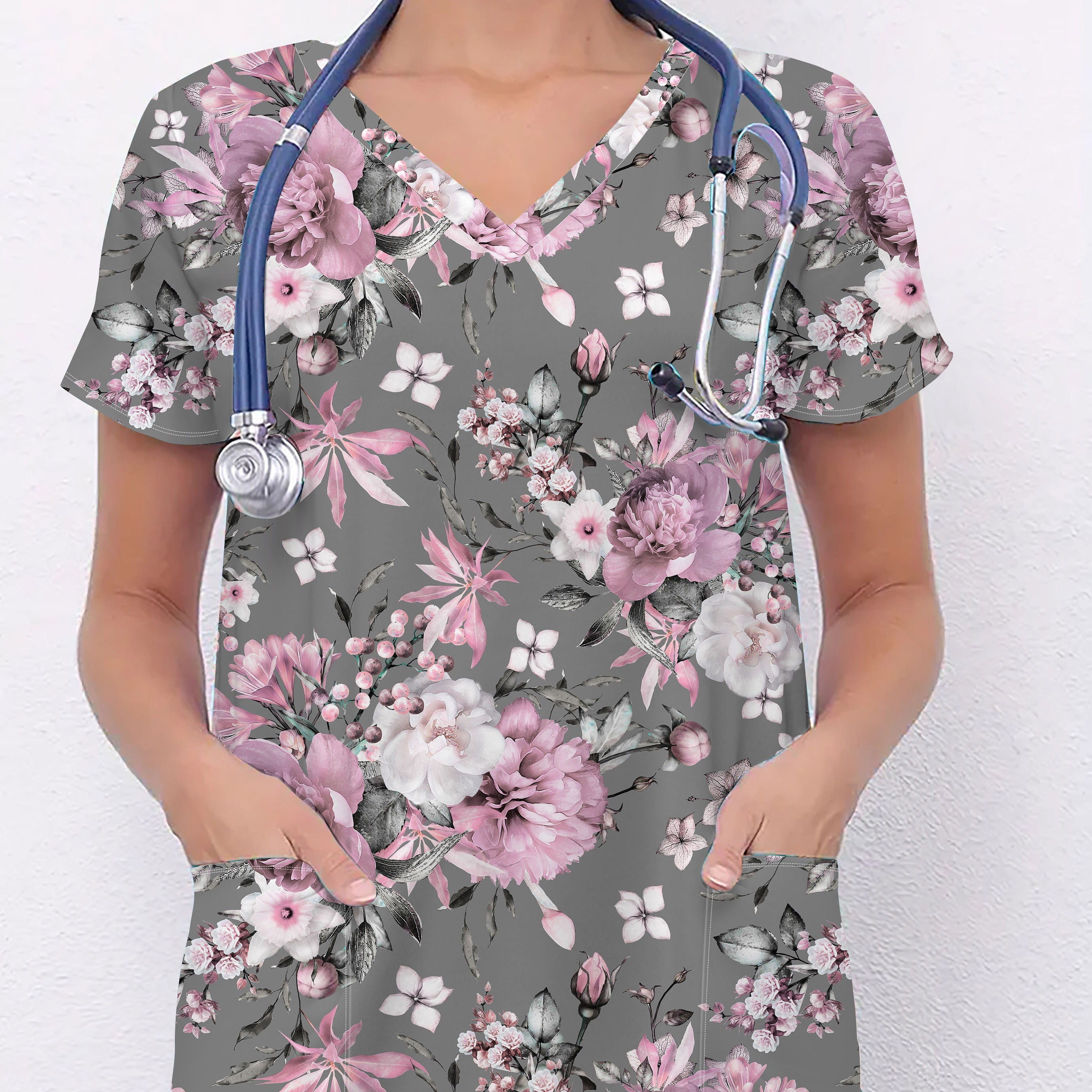 

Plus Size Floral Print Pockets Top, Short Sleeve V Neck Health Care Uniform For Nurse, Women's Plus Size clothing