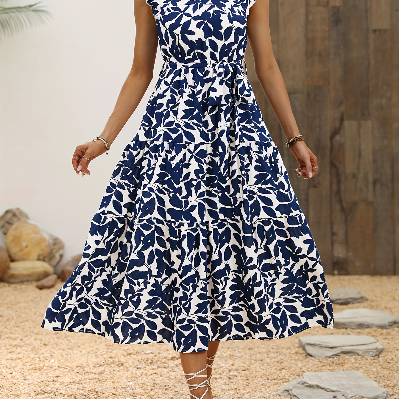 

Floral Print Frill Neck Dress, Elegant Ruffle Sleeve Belted A-line Dress For Spring & Summer, Women's Clothing