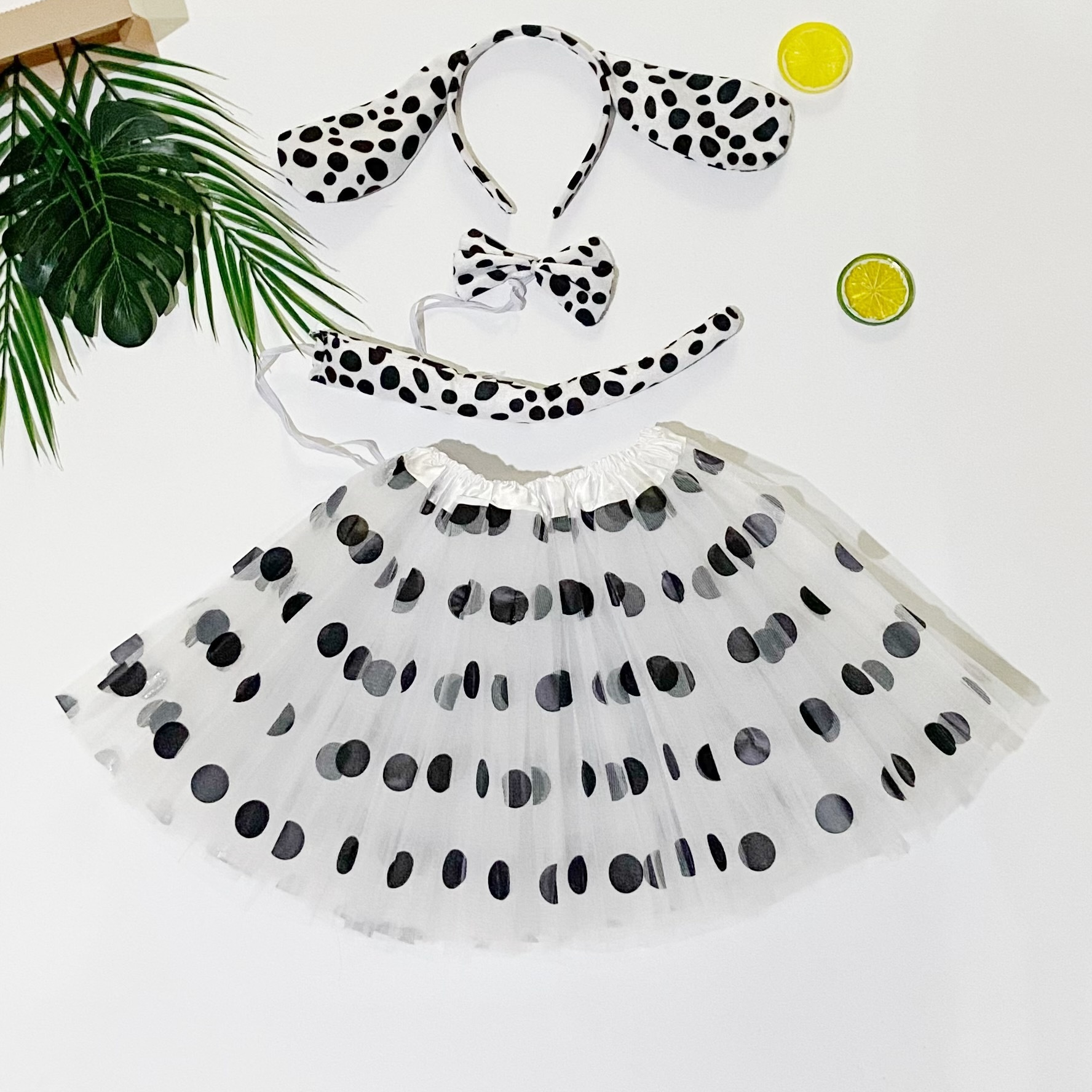 

Girls Stylish Animal Themed Party Dress-up Outfit, 4pcs Allover Polka Dots Print Mesh Tulle Skirt & Dog Headband & Bowtie & Tail