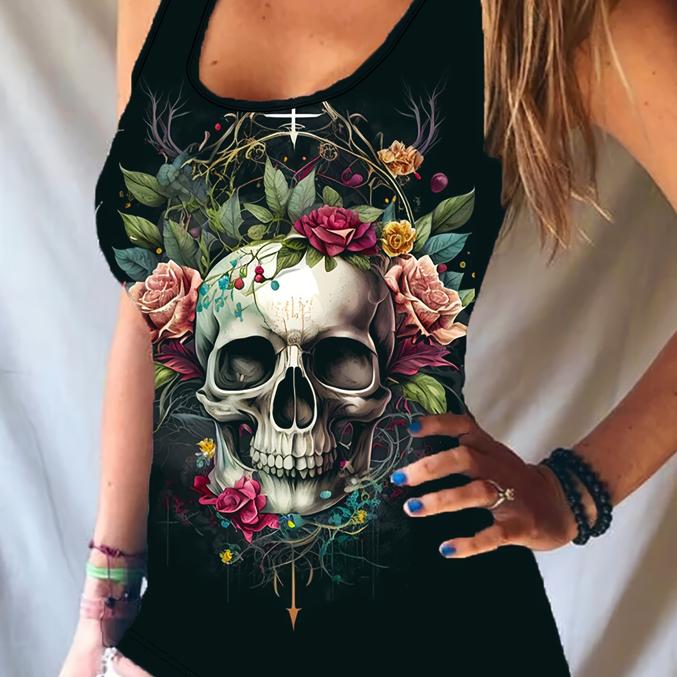 

Skull Print Crew Neck Tank Top, Casual Sleeveless Tank Top For Spring & Summer, Women's Clothing