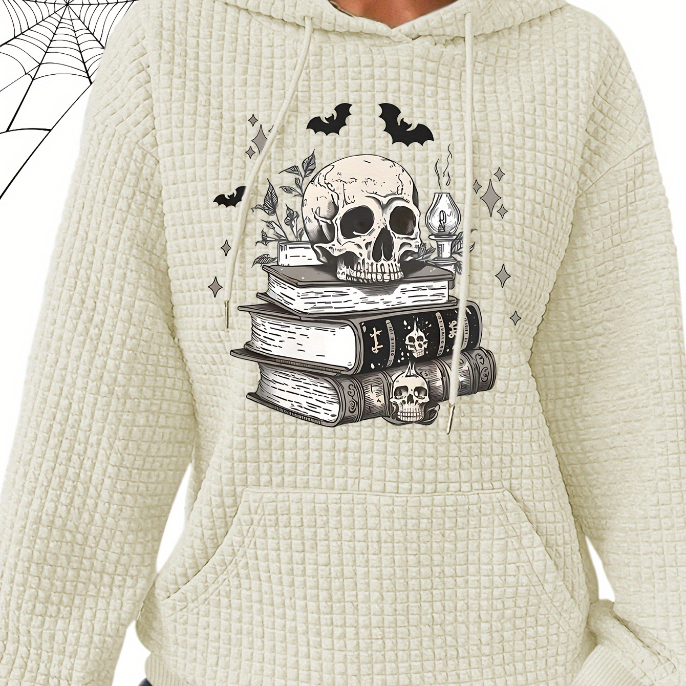 

Women's Cozy Waffle-knit Hoodie With Skull & Bat Print - Casual Long Sleeve Pullover With Drawstring Pocket, Perfect For Fall/winter