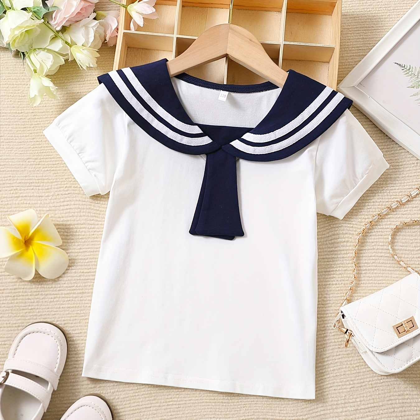 Girls Casual Trendy Cute Preppy Style Short Sleeve Top Sailor Collar  T-shirt For Summer Holiday Party Kids Clothes