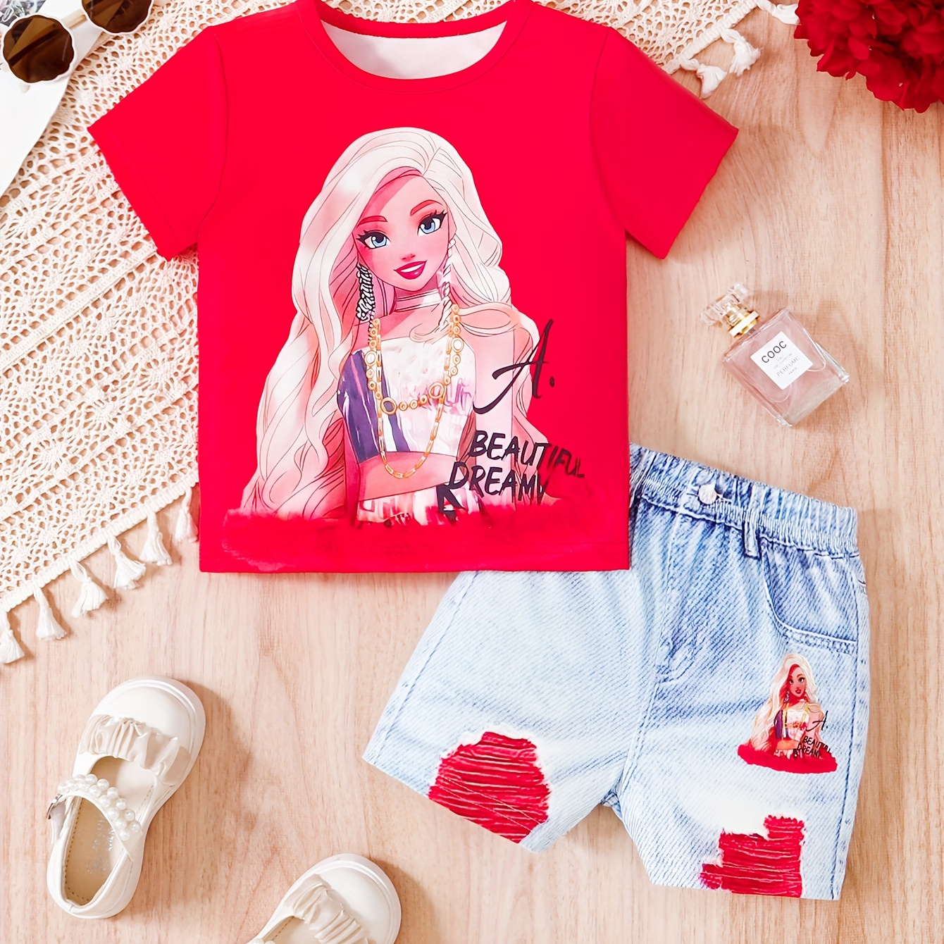 

2 Pcs Girl Celebrity Graphic T-shirt + Matching Shorts Leggings Girl's Set, Holiday/ Casual Going Out, Summer Clothes, Gift