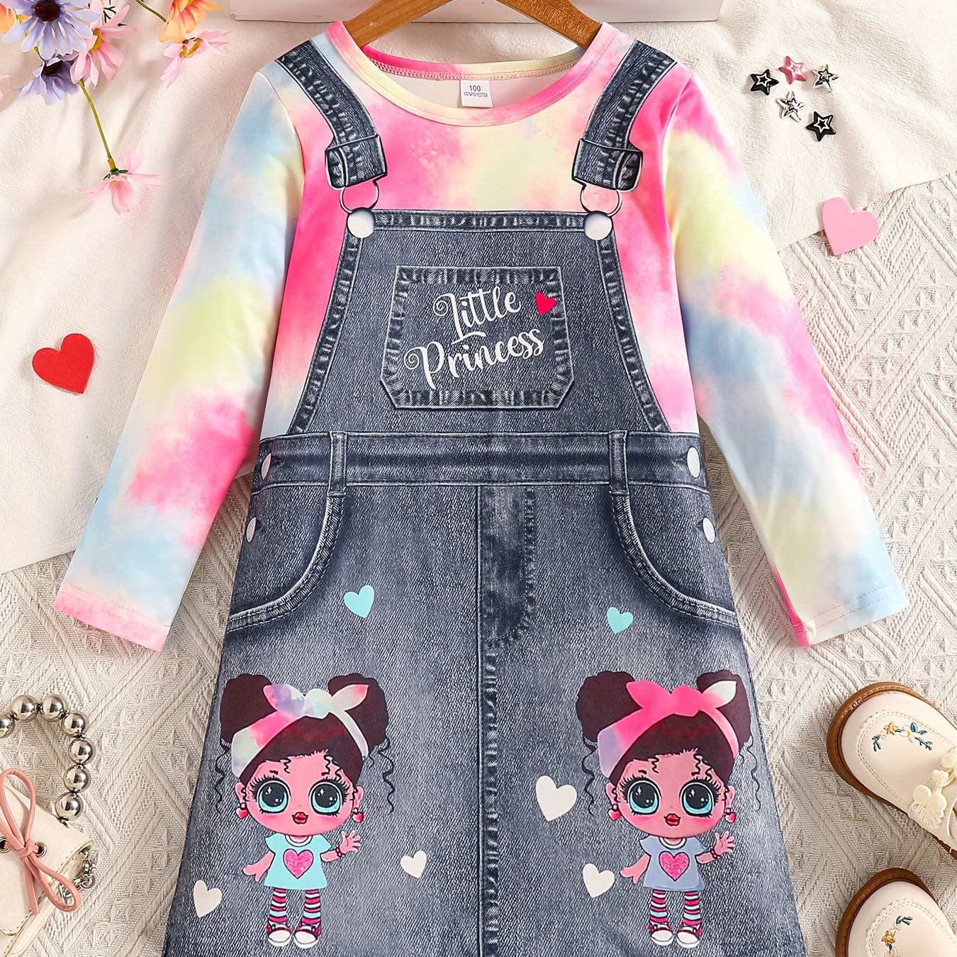 

' Denim-look Long Sleeve Dress With Cartoon Print - Knee-length, Round Neck For Fall/spring