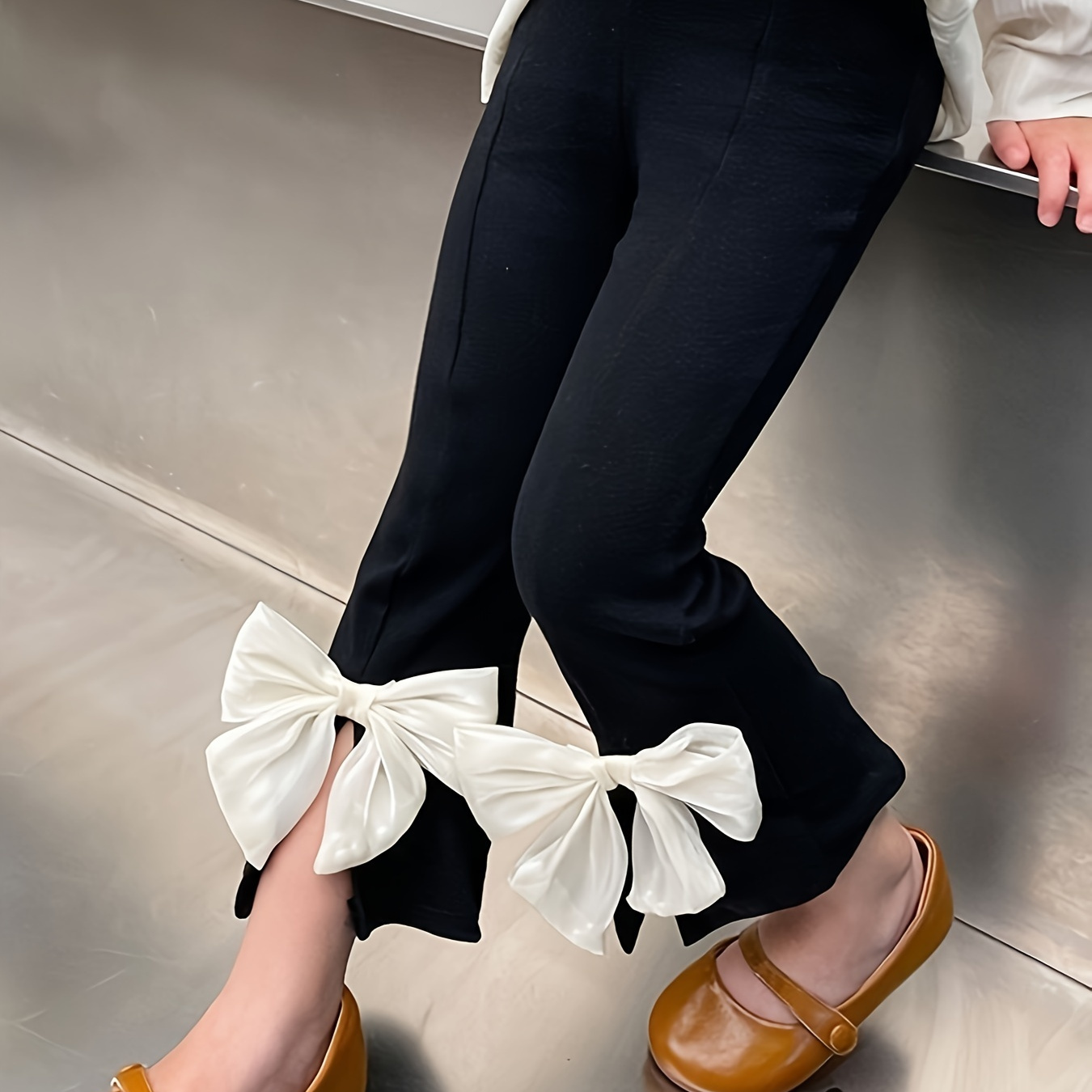 

Girls Breathable & Stylish Split From Bowknot Decor Pants For Spring & Fall