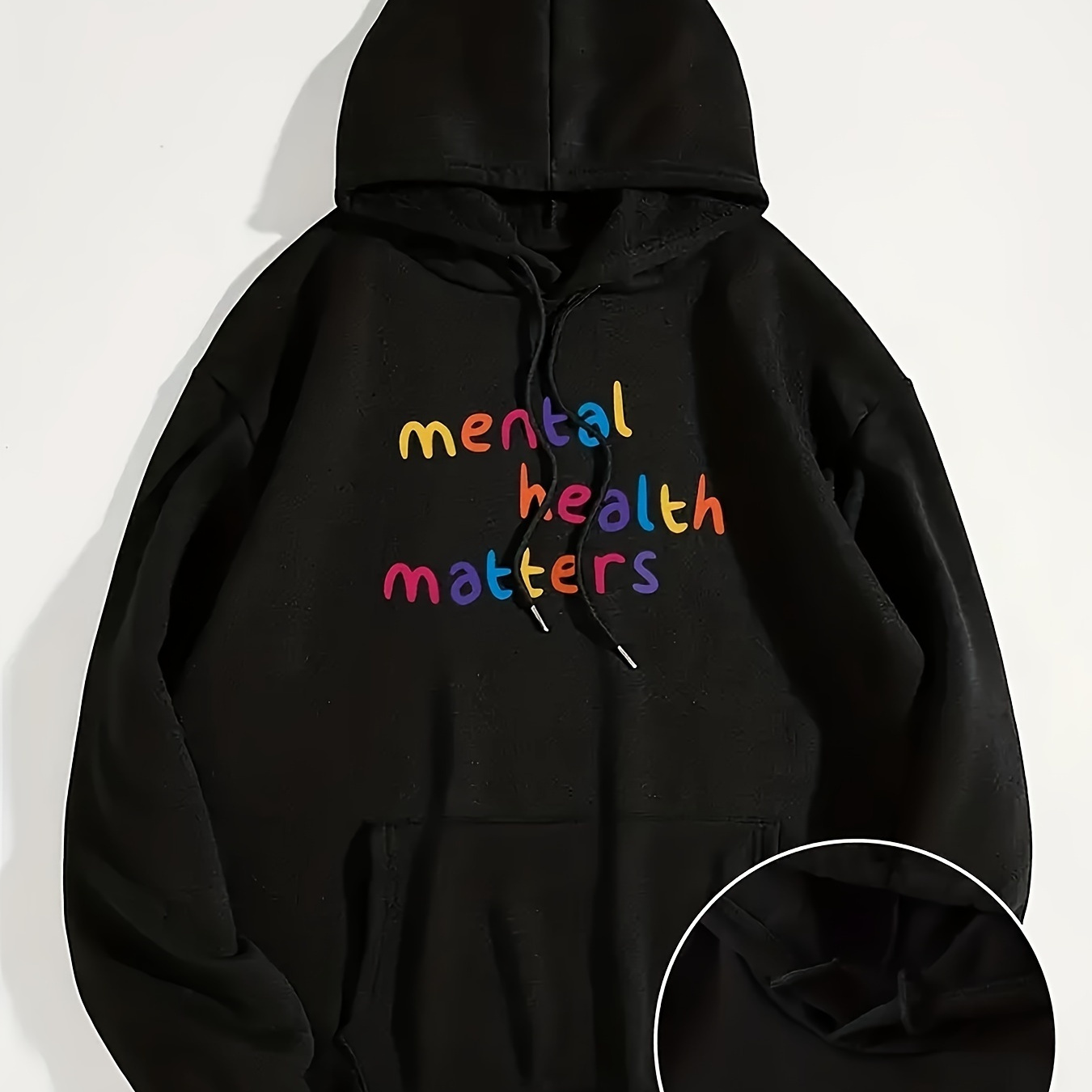 

Mental Health Hoodie With Kangaroo Pocket - Casual Long Sleeve Pullover Sweatshirt With Hood, Alphabet Letter Print, Polyester Knit Fabric, Fall/winter Collection