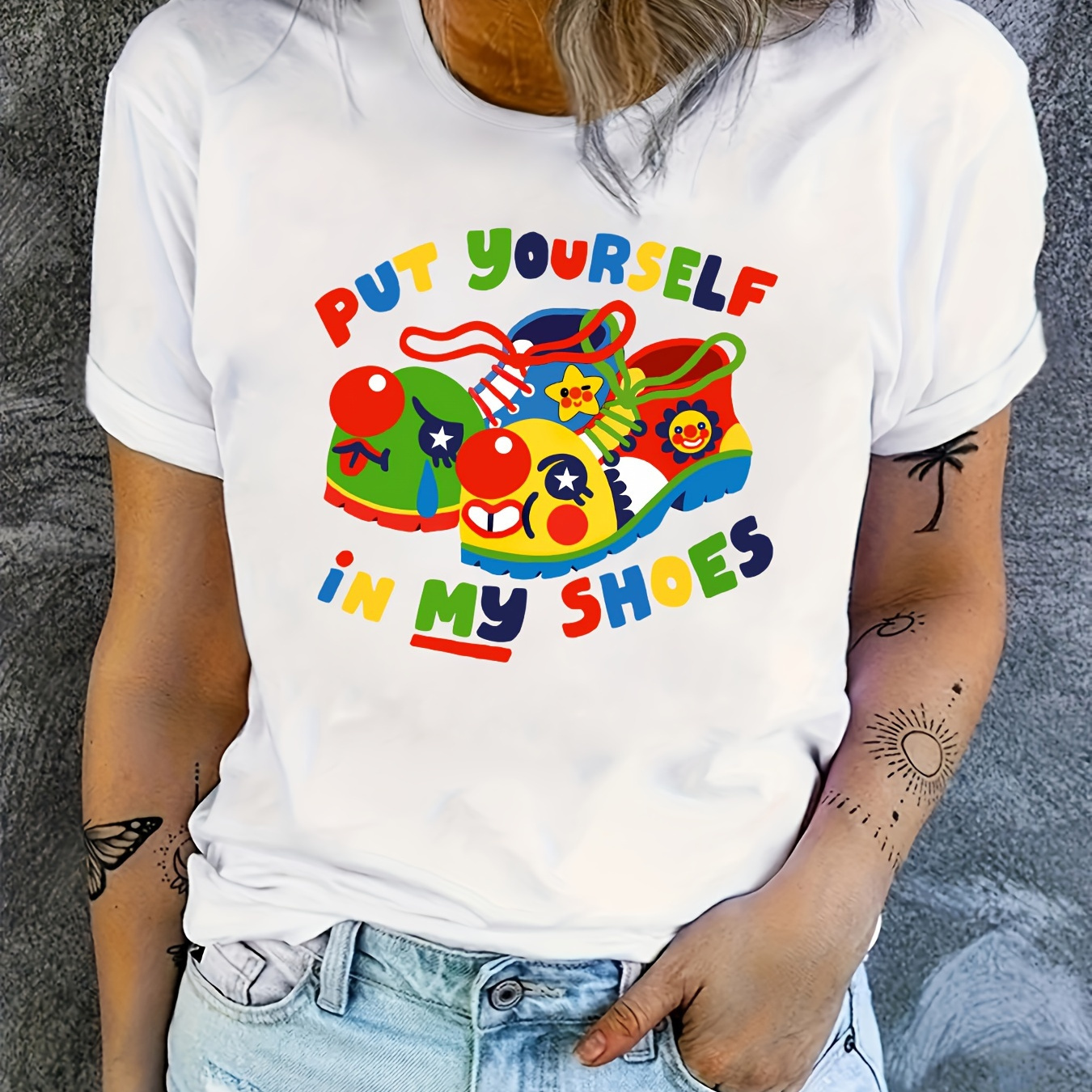 

Clown Shoes Print T-shirt, Short Sleeve Crew Neck Casual Top For Summer & Spring, Women's Clothing