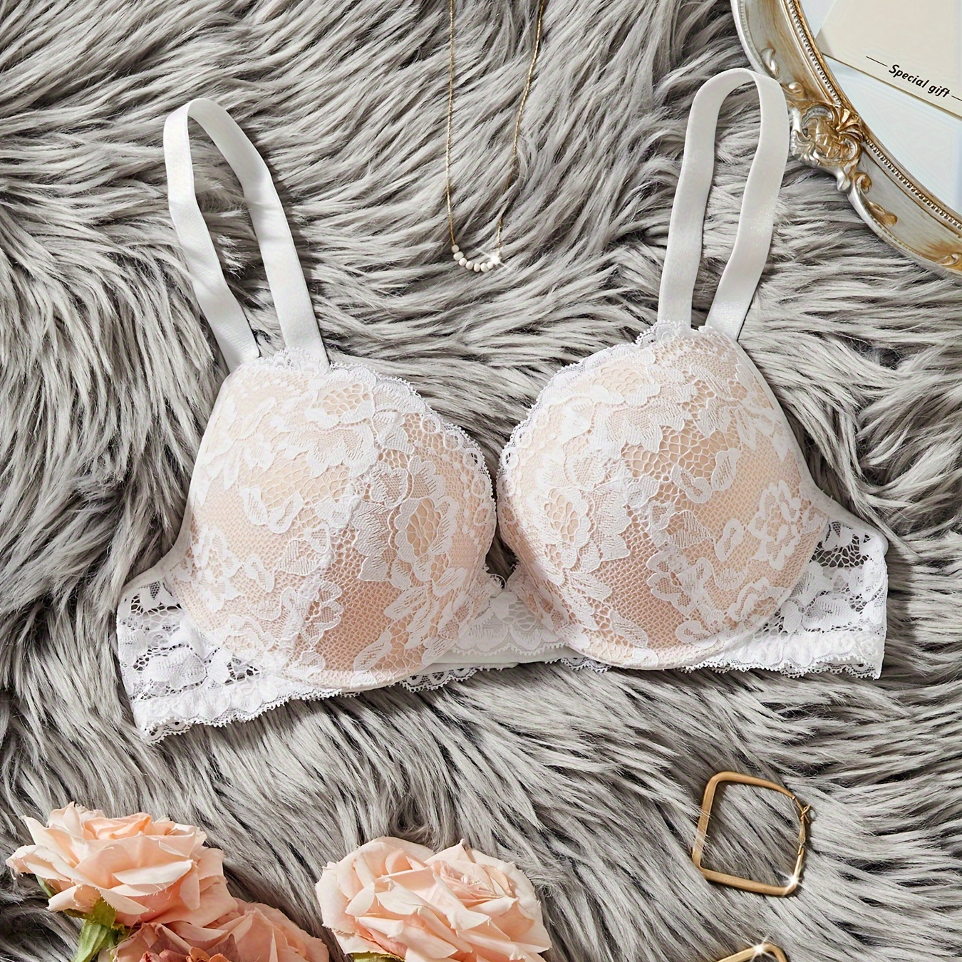 

Elegant Lace Push-up Bra For Women With Polyamide Fabric, Floral Pattern, Non-removable Padding, Knit Underwire Support - Sensual Lingerie