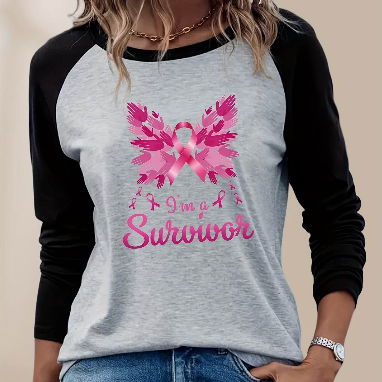 

Breast Awareness Print T-shirt, Long Sleeve Crew Neck Casual Top For Spring & Fall, Women's Clothing