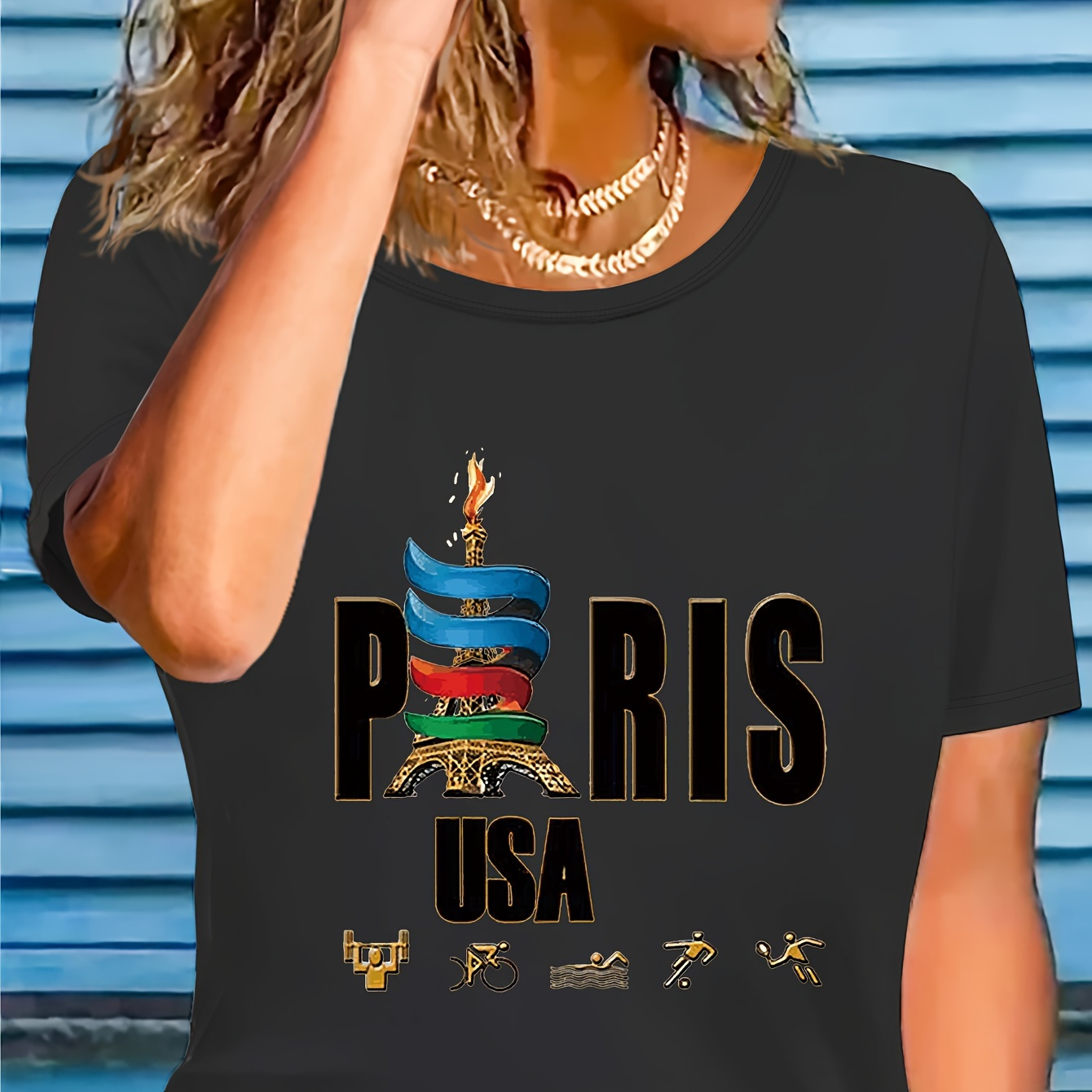 

Women's Paris Usa Alphabet Applique T-shirt, Casual Crew Neck Short Sleeve Top, Polyester 95% Spandex 5% Knit Fabric, Slight Stretch, All - Regular Fit