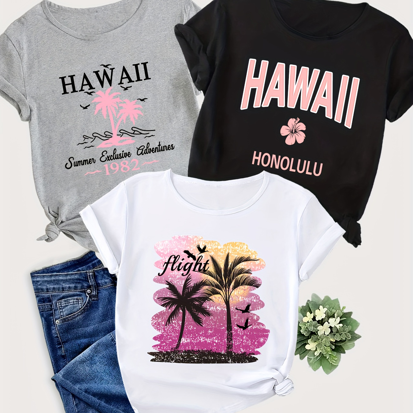 

Women's Casual Hawaiian-inspired T-shirt - Loose Fit, Crew Neck, Short Sleeve, Breathable Polyester, Machine Washable - Summer