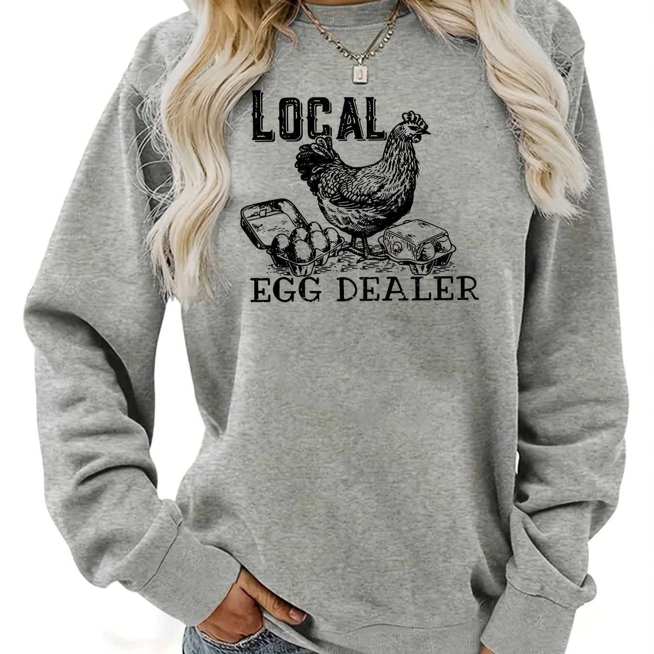 

Chicken & Letter Print Sweatshirt, Crew Neck Casual Sweatshirt For Fall & Spring, Women's Clothing