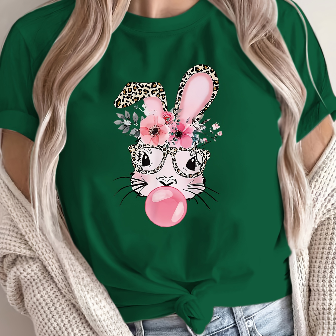 

Plus Size Bunny Print T-shirt, Casual Crew Neck Short Sleeve T-shirt, Women's Plus Size clothing