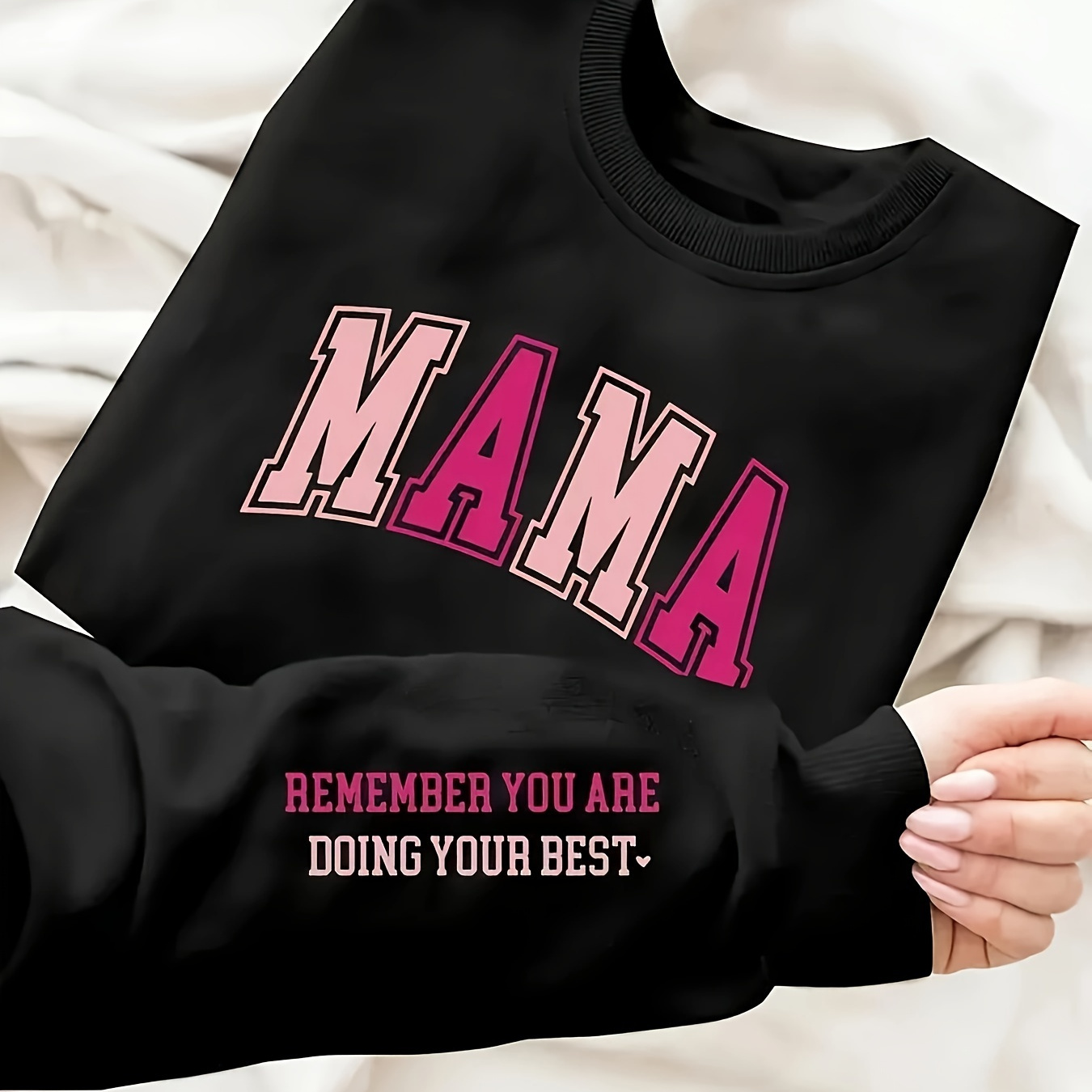 

Plus Size Mama Print Crew Neck Pullover Sweatshirt, Casual Long Sleeve Sweatshirt For Fall & Winter, Women's Plus Size Clothing