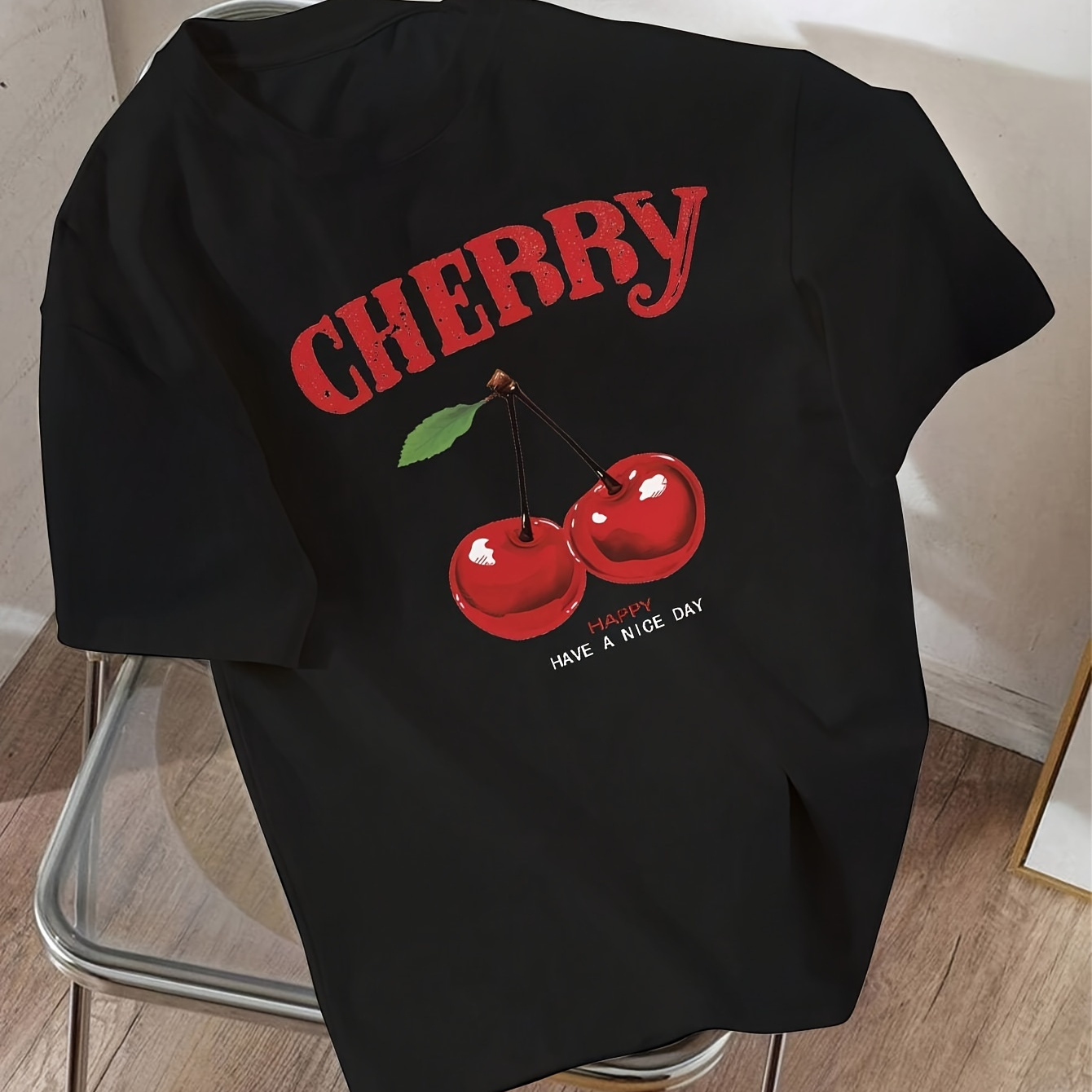 

Cherry Print Crew Neck T-shirt, Casual Short Sleeve Top For Spring & Summer, Women's Clothing