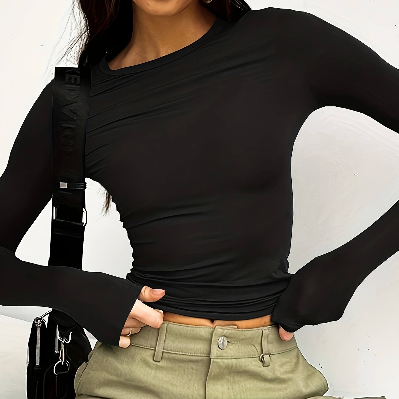 

Thin Solid Crew Neck T-shirt, Casual Long Sleeve Top For Spring & Fall, Women's Clothing