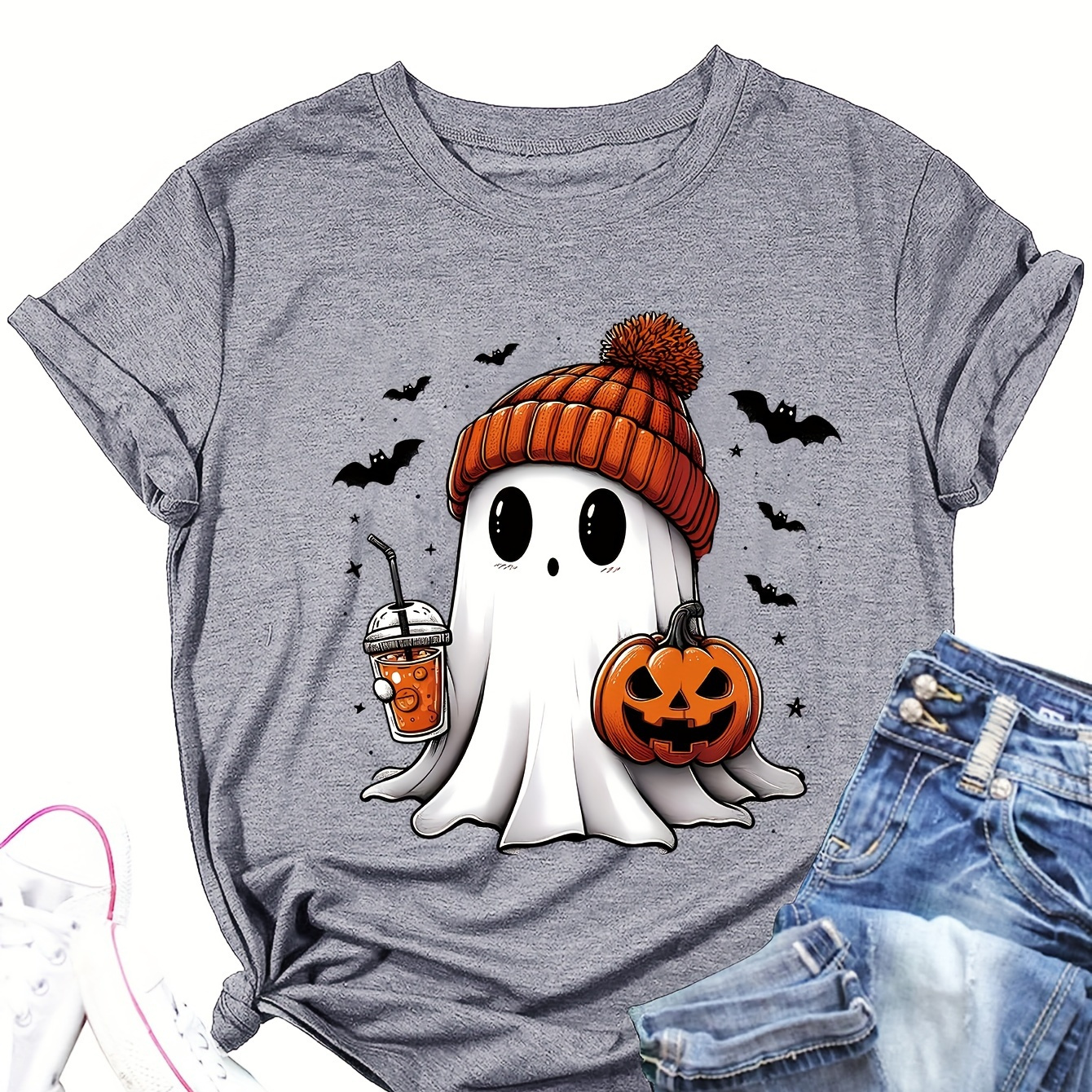 

Halloween Neck T-shirt, Short Sleeve Casual Top For Summer & Spring, Women's Clothing