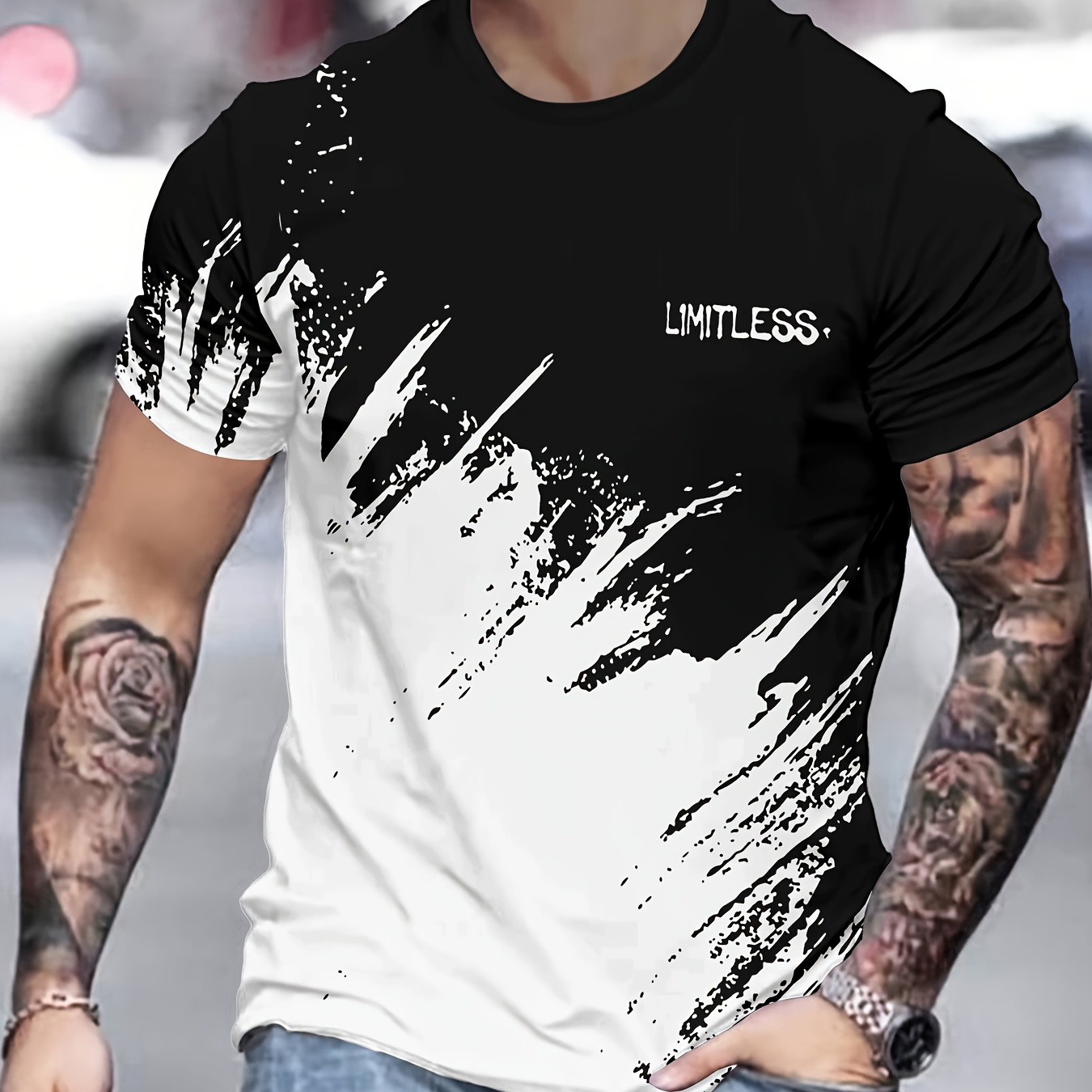 

Men's Color Matching Limitless Print T-shirt, Short Sleeve Crew Neck Tee, Men's Clothing For Summer Outdoor