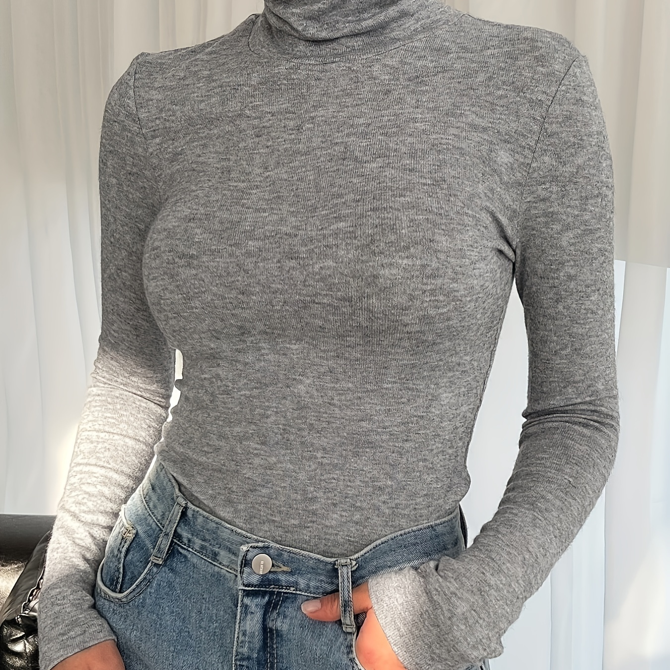

Solid Turtle Neck Skinny Top, Casual Long Sleeve T-shirt For Spring & Fall, Women's Clothing