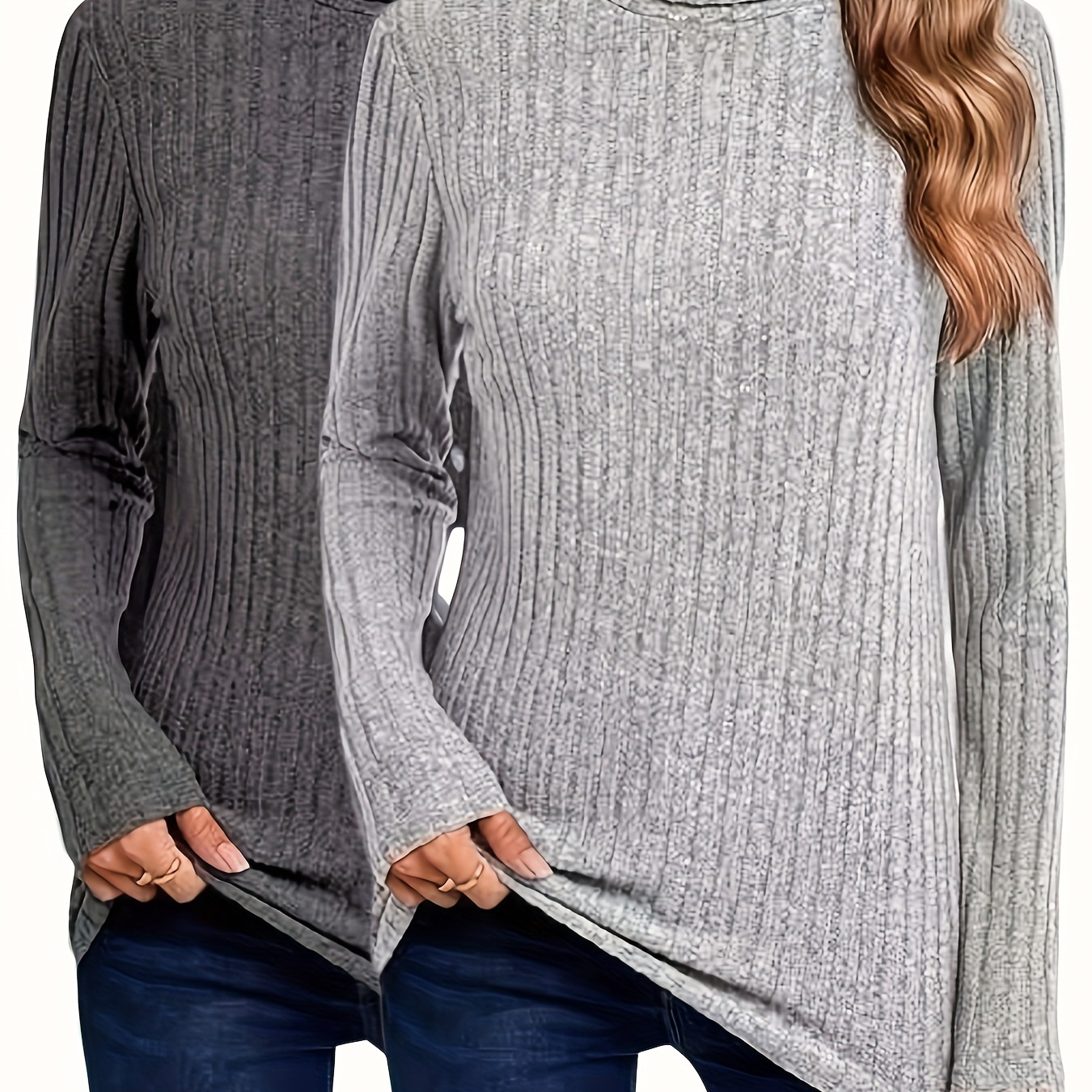 

2pcs Cozy Ribbed Turtleneck Long Sleeve Tops In Light Gray & - Soft Polyester , Stretchy & Machine Washable, Ideal For Fall/winter