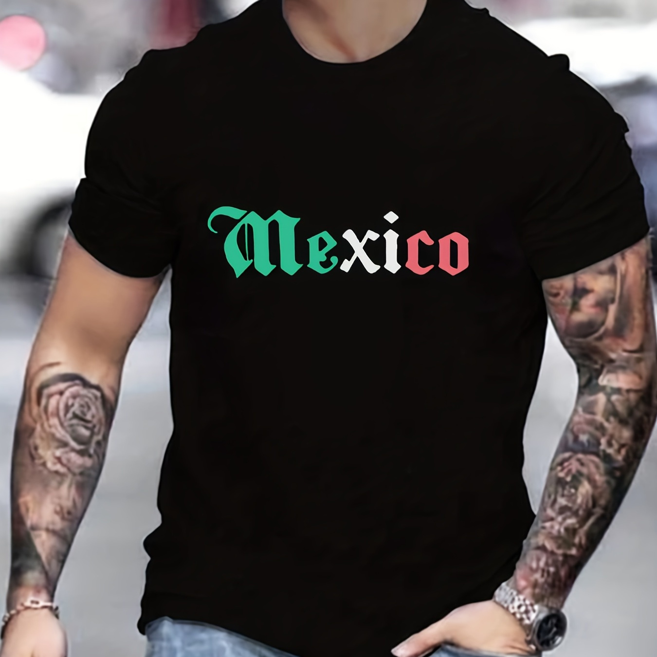 

Mexico Letter Graphic Print Men's Creative Top, Casual Short Sleeve Crew Neck T-shirt, Men's Tee For Summer Outdoor