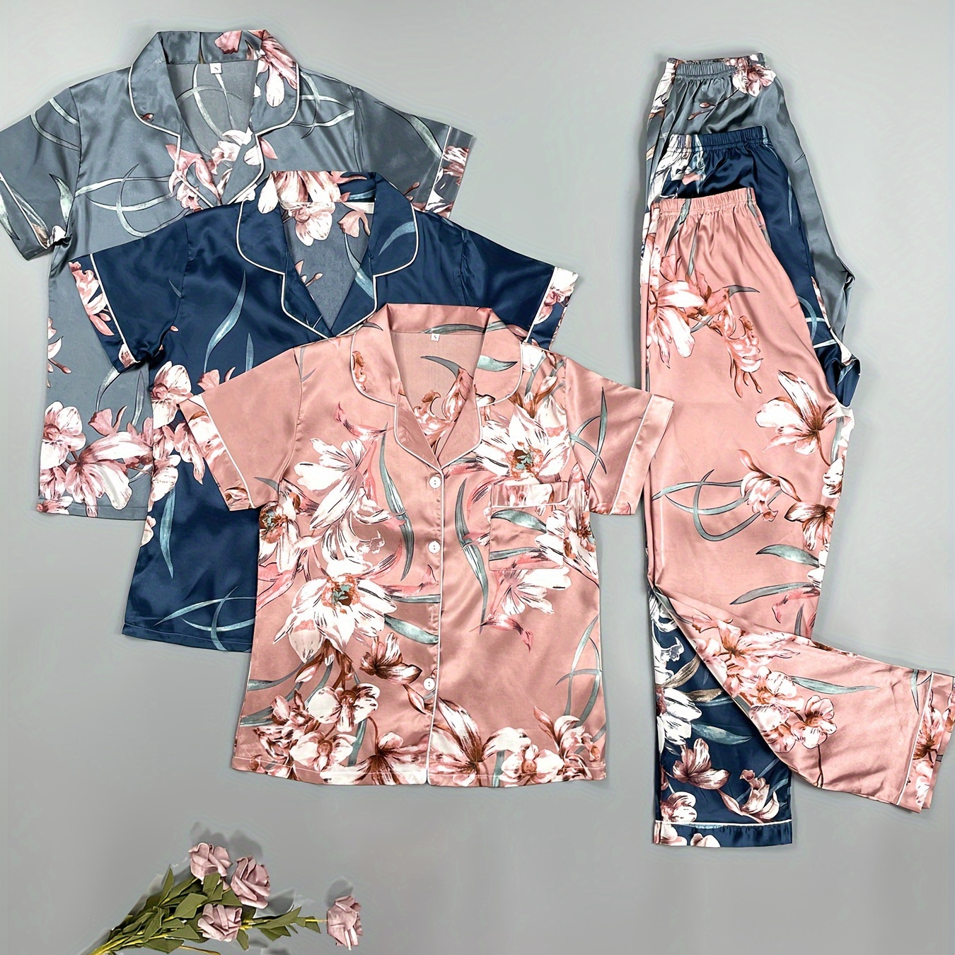 

3 Sets Floral Print Pajama Set, Short Sleeve Buttons Top & Elastic Waistband Pants, Women's Sleepwear & Loungewear