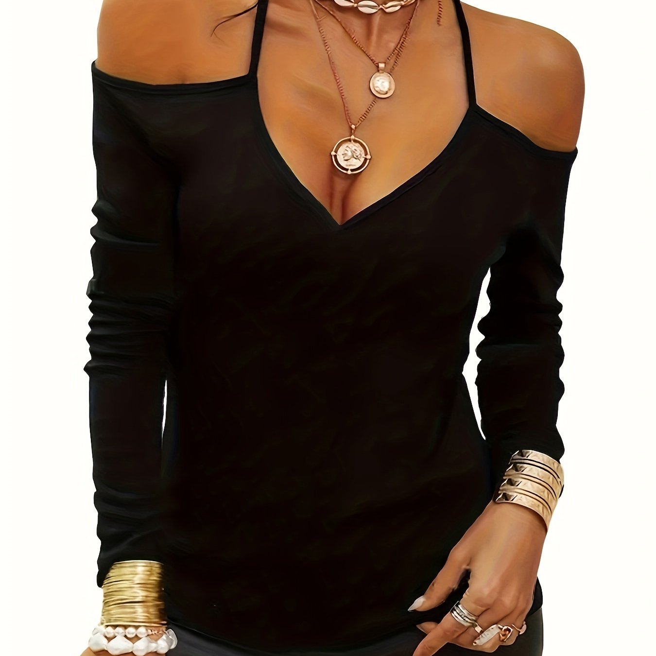 

Solid Cold Shoulder V-neck T-shirt, Versatile Long Sleeve T-shirt For Spring & Fall, Women's Clothing