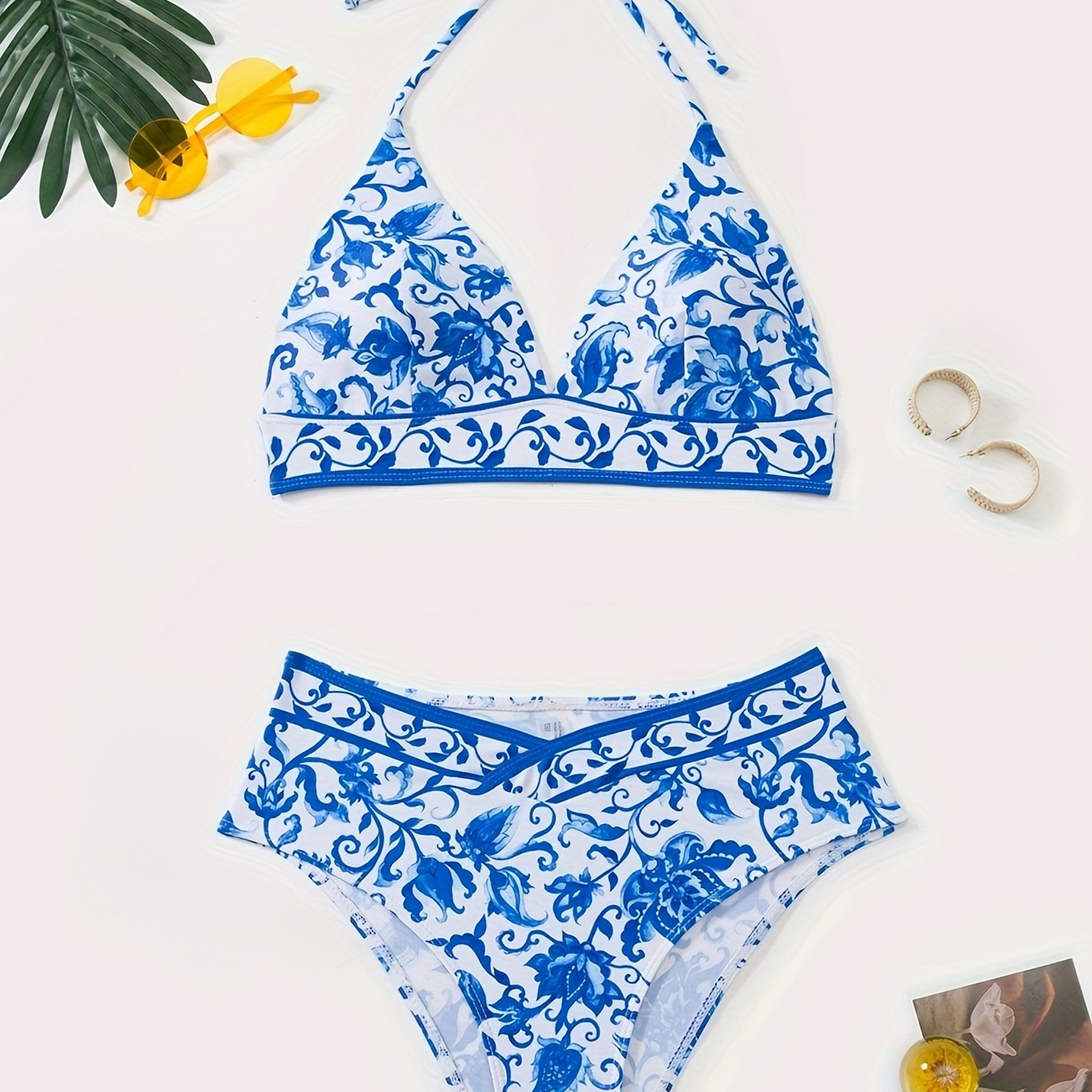 

Floral Pattern 2 Piece Set Bikini, Halter V Neck Backless High Cut Swimsuits, Women's Swimwear & Clothing