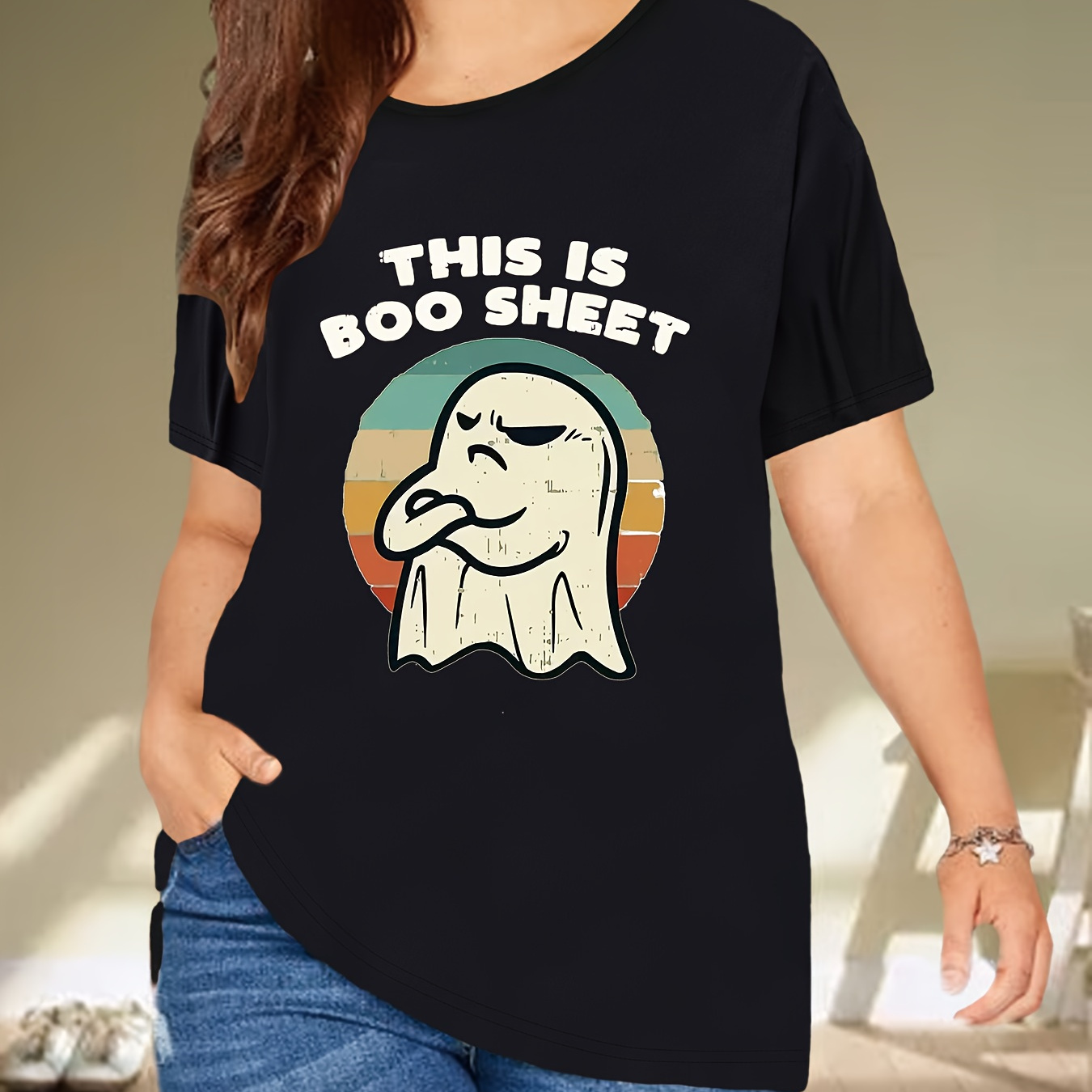 

Women's Casual "this Is Boo Sheet" Ghost Print T-shirt, Loose Fit, Short Sleeve, Stylish & Versatile Top, All-match Fashion Tee For Sports & Daily Wear