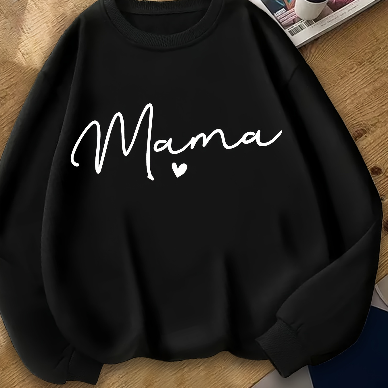 

1pc Women's Casual Sports Pullover With "mama" Letter Print, Polyester Crew Neck Sweatshirt With Stretch, Knit Fabric Sweater