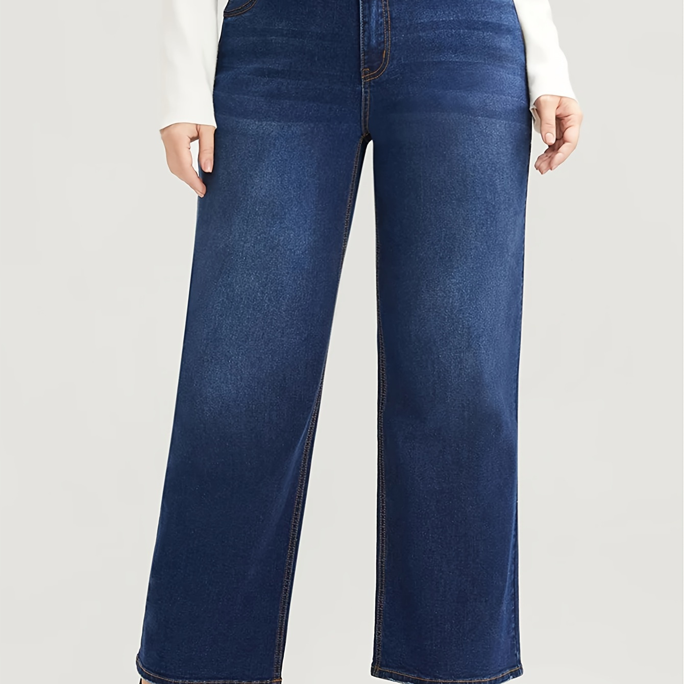 

Women's Casual Jeans, Plus Size Plain Washed Blue Straight Leg Slash Pocket Zipper Button Closure Denim Pants
