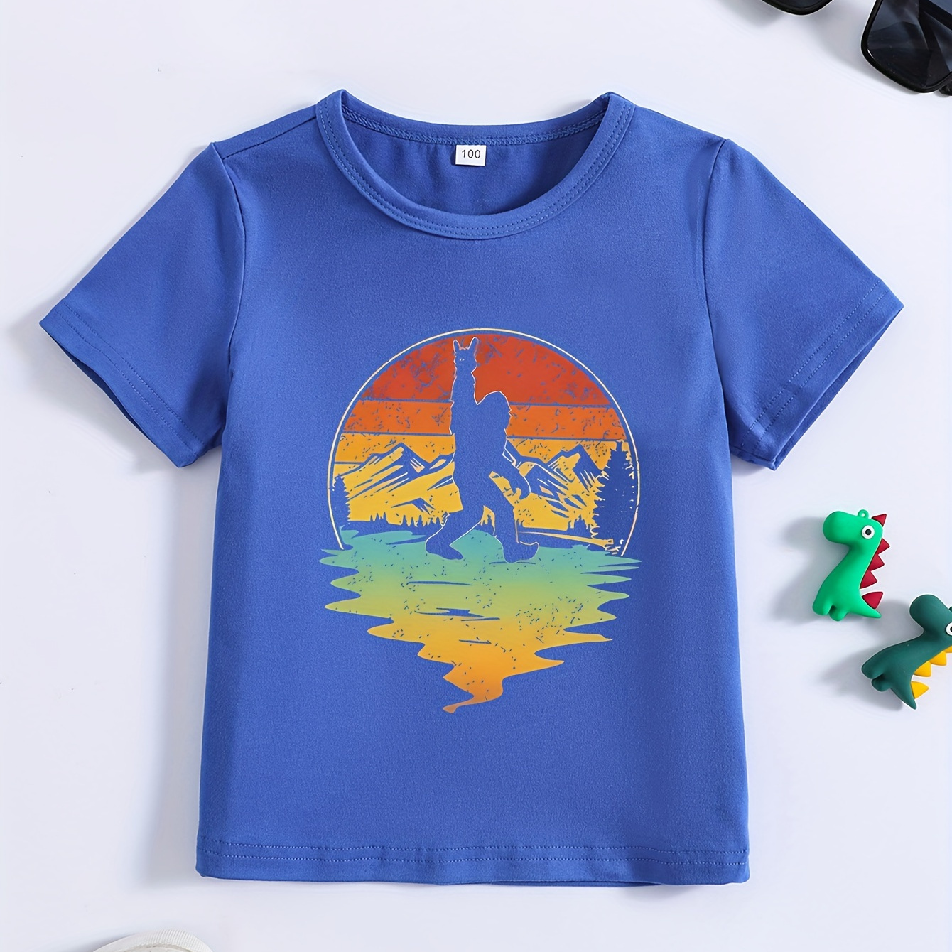 

Cave Ape Man Graphic Print Boy's Crew Neck Short Sleeve T-shirt, Suitable For Summer Daily Wear