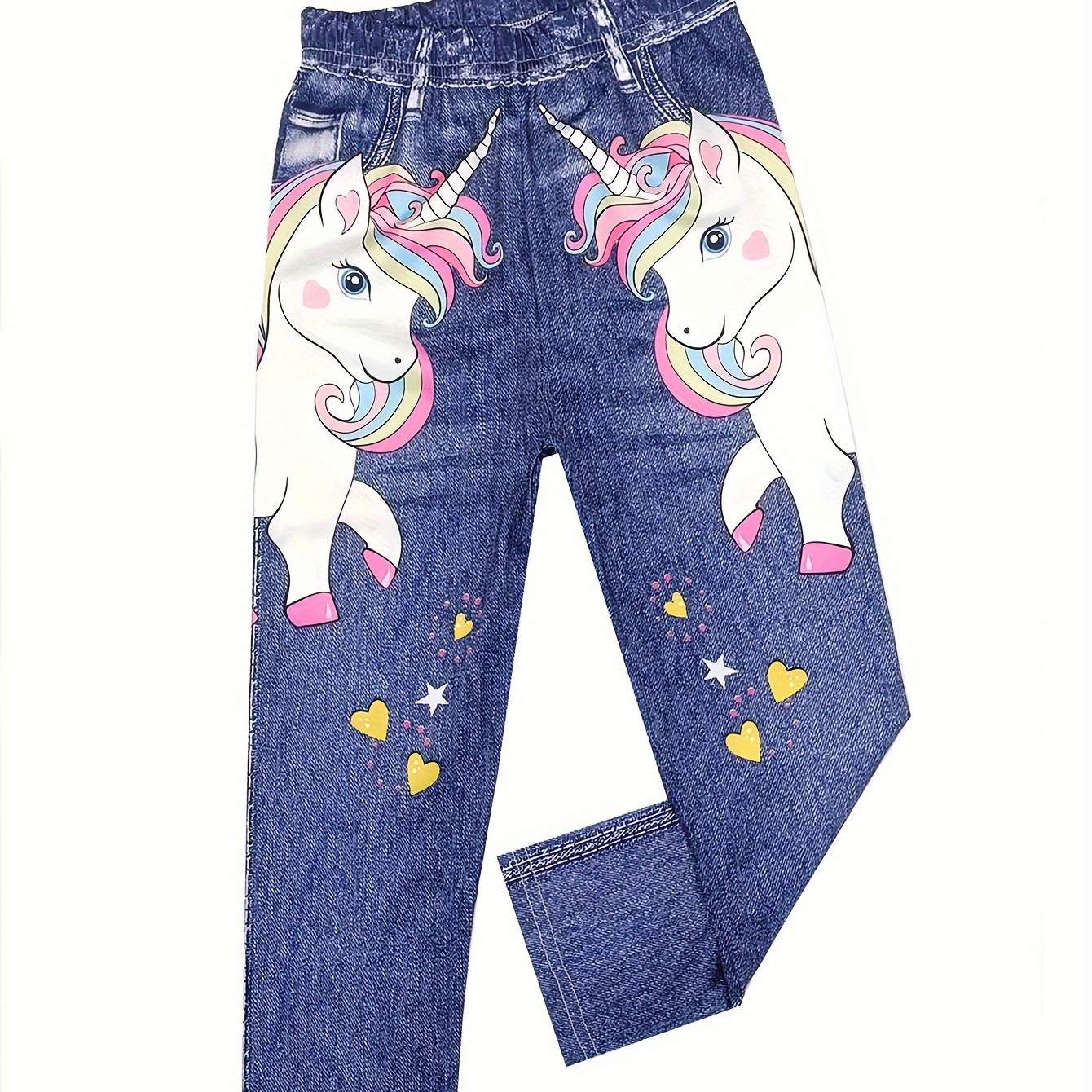 

Casual Unicorn Graphic Imitation Denim Print Leggings, Girls Stretchy Pants For Outdoor Gift