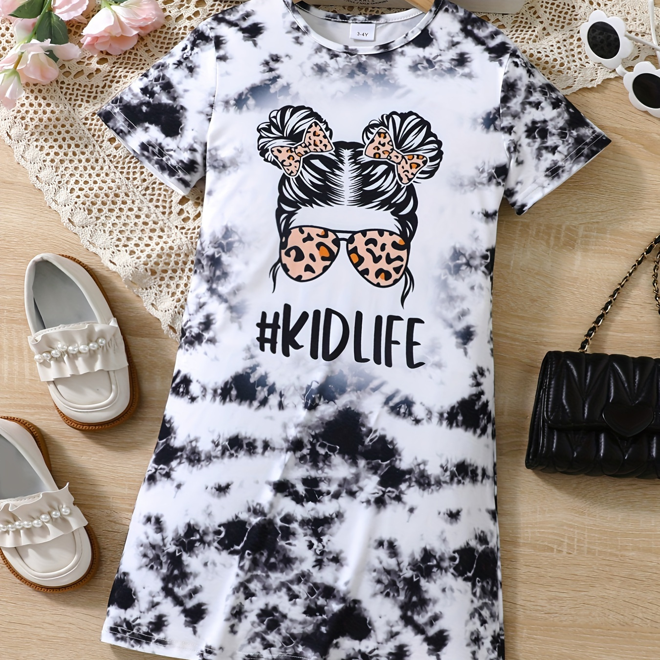 

Girls Trend Tie-dye Short Sleeve T Shirt Dress Loose Fit And Comfortable (random Print)