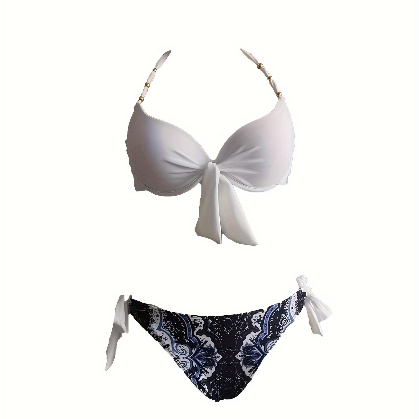 

Contrast Color 2 Piece Set Bikini, Beaded Decor Halter Top & Tie Side High Cut Panty Swimsuits, Women's Swimwear & Clothing