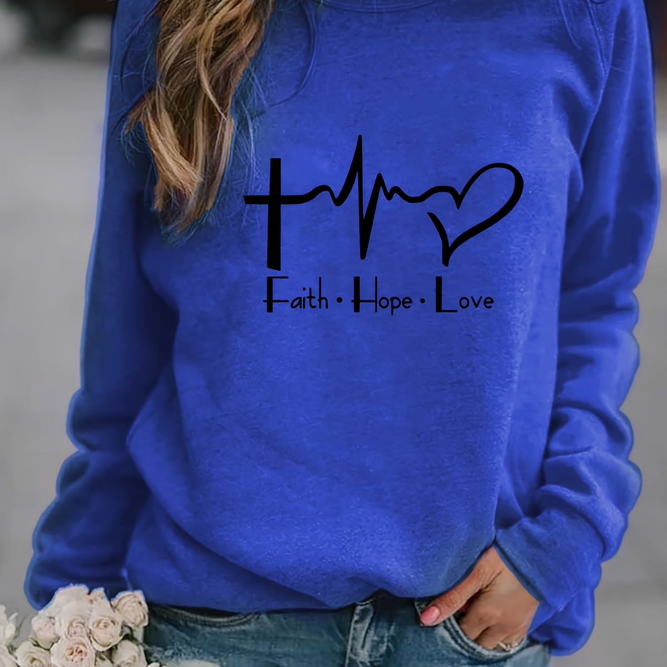 

Sweat imprimé Faith & Love, Sweat-shirt décontracté à manches longues et col rond pour le printemps et l'automne, Vêtements pour femmes