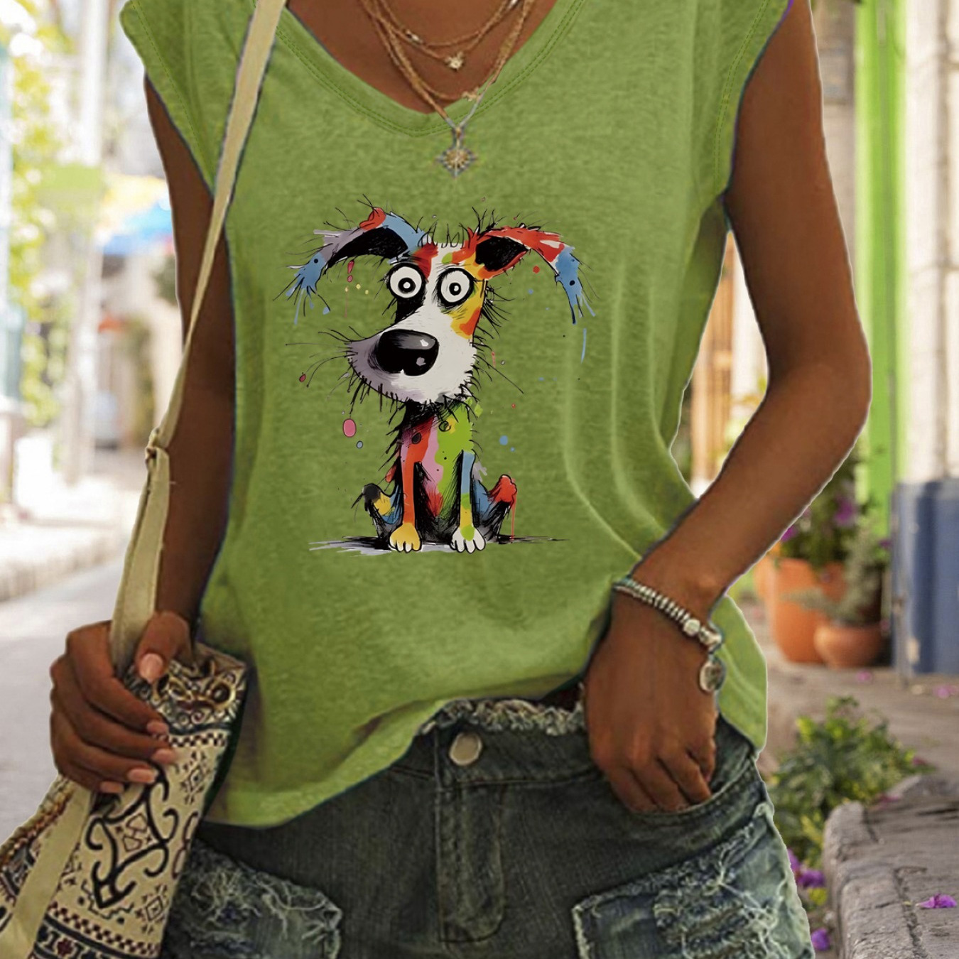 

Dog Print Tank Top, Cap Sleeve Casual Top For Summer & Spring, Women's Clothing