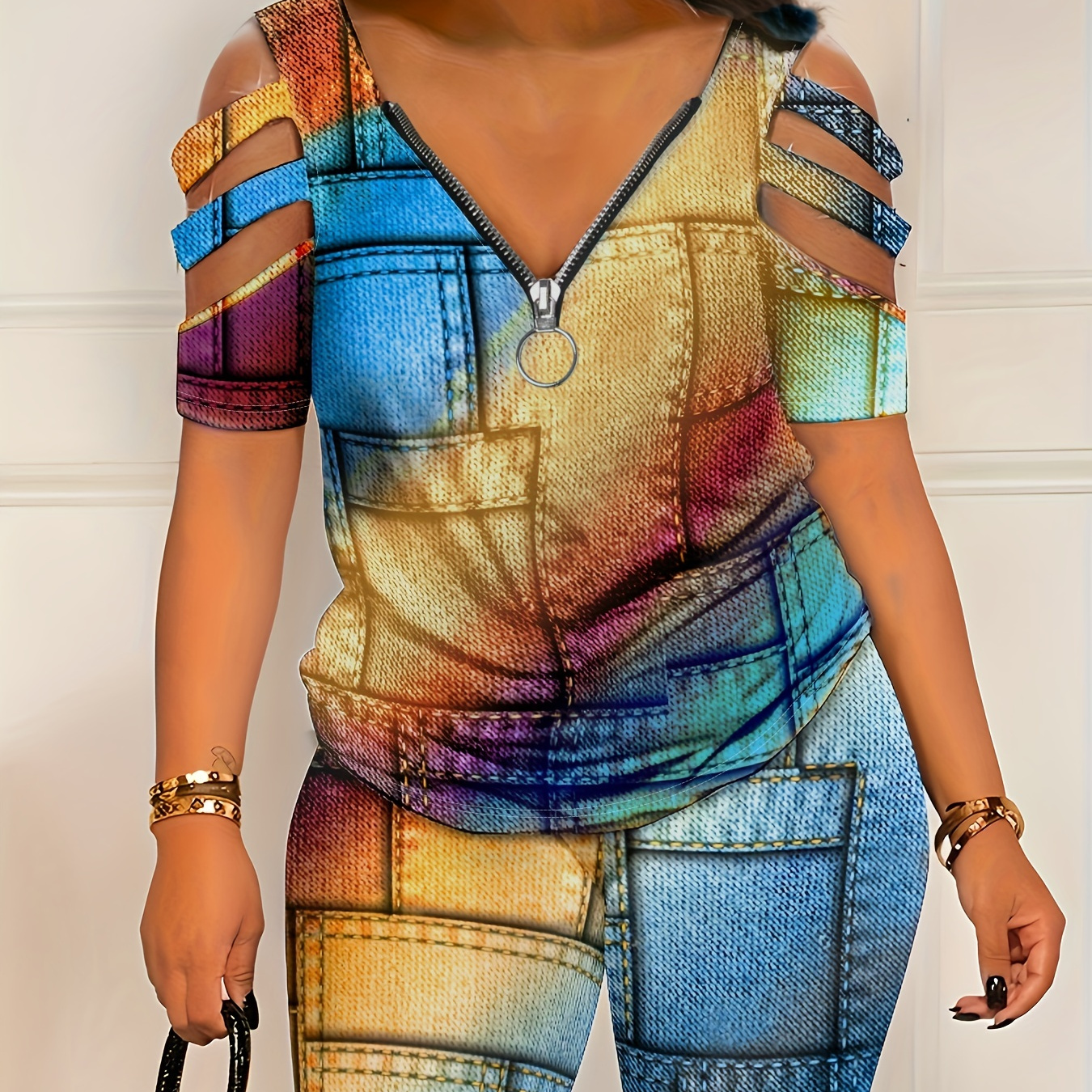 

Patchwork Graphic Print Two-piece Set, Cut Out Sleeve Zipper Tops & Slim Shorts Outfits, Women's Clothing