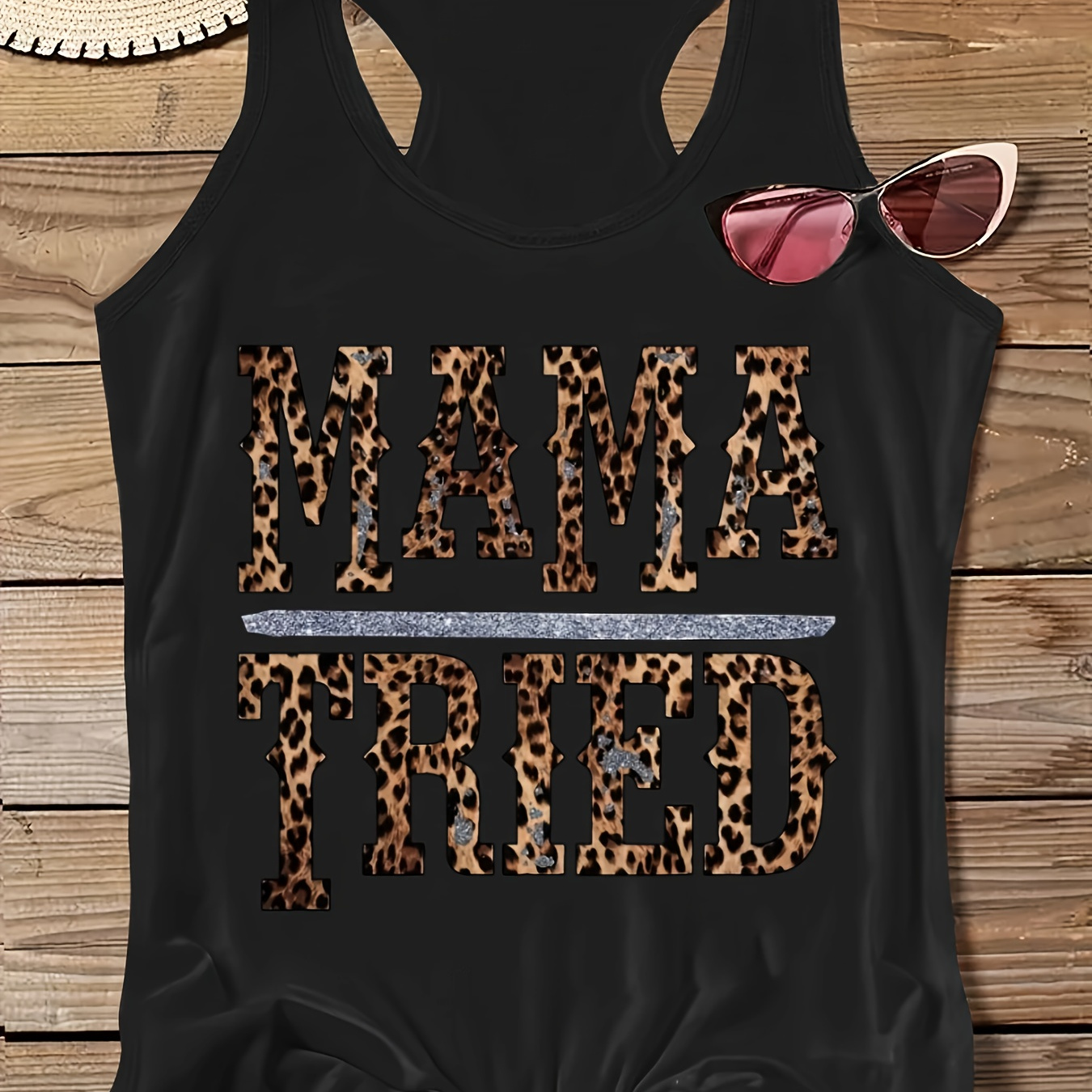 

Plus Size Leopard Letter Print Tank Top, Casual Crew Neck Sleeveless Tank Top For Summer, Women's Plus Size clothing