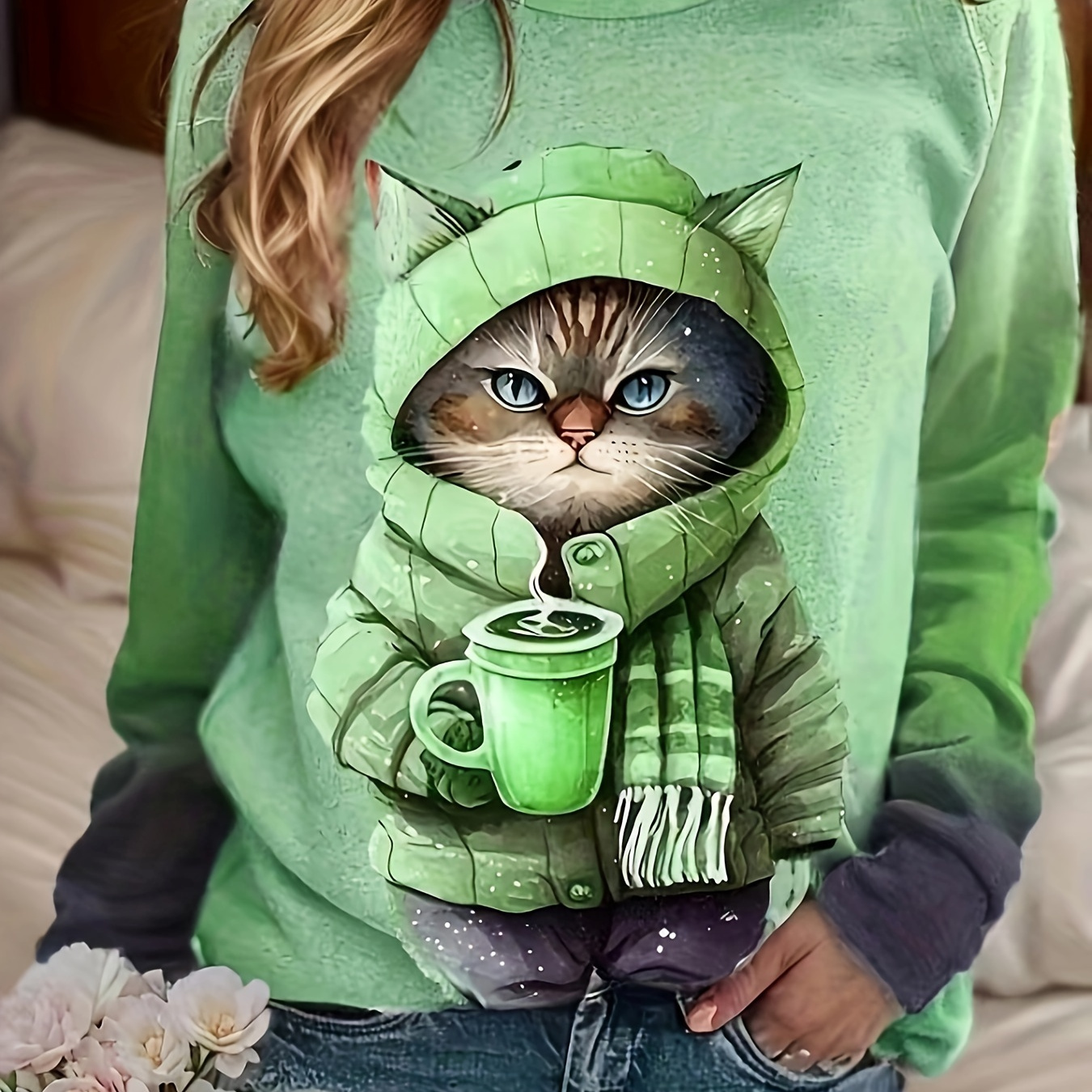 

Plus Size Cat Print Sweatshirt, Casual Long Sleeve Crew Neck Pullover Sweatshirt, Women's Plus Size Clothing