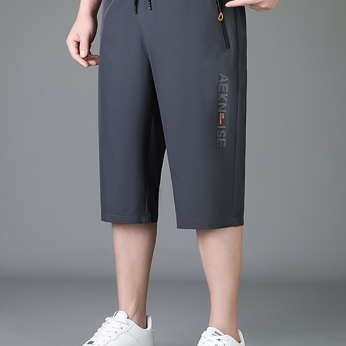 

Chic Design Men's Letter Print Capri Pants With Drawstring And Zippered Pockets, Quick Dry And Comfy Sports Shorts For Fitness Workout And Running Wear